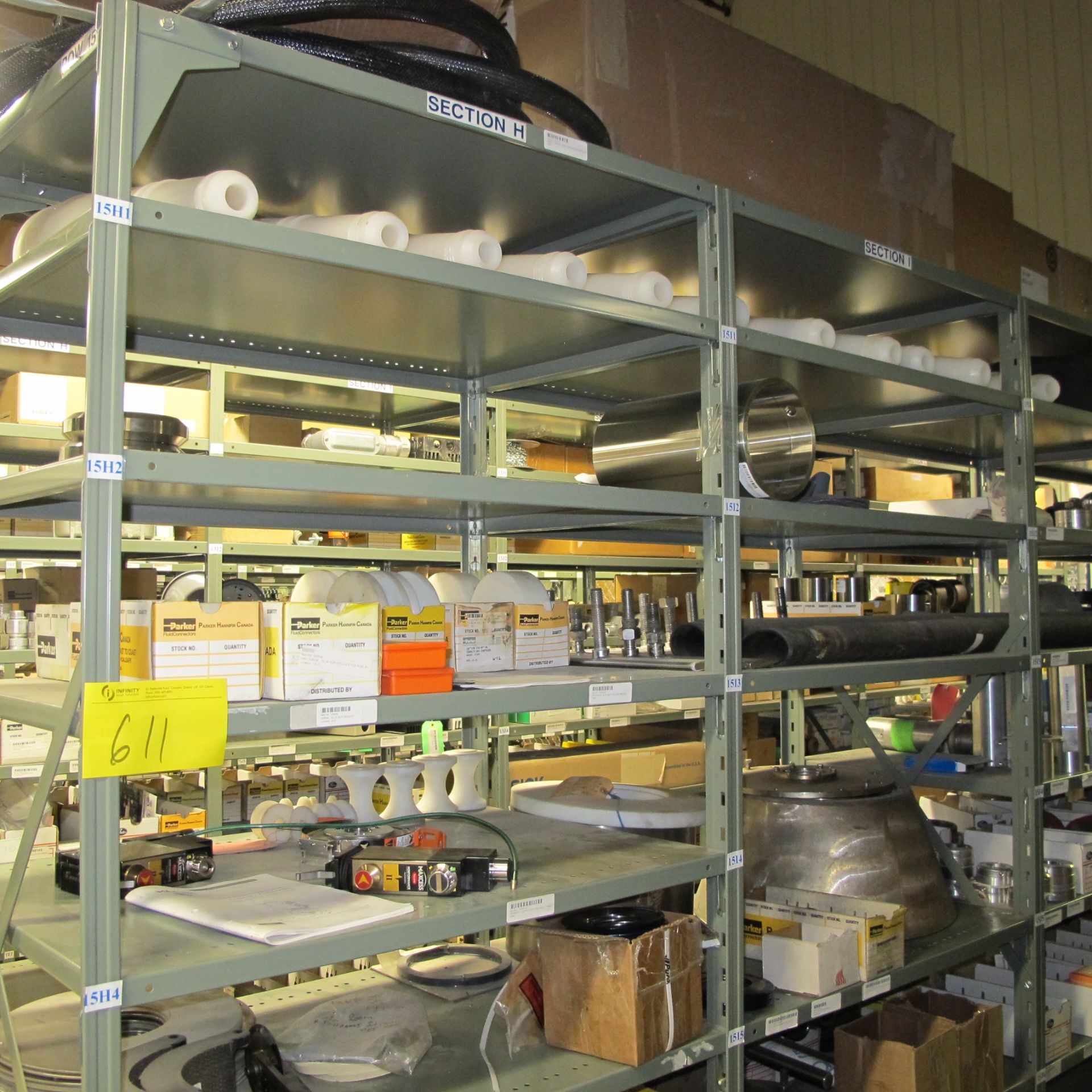 LOT OF (6) SECTIONS OF RACKING UP TO 9-LEVELS INCLUDING CONTENTS ON BOTH SIDES OF RACK, ROLLS, - Bild 9 aus 14
