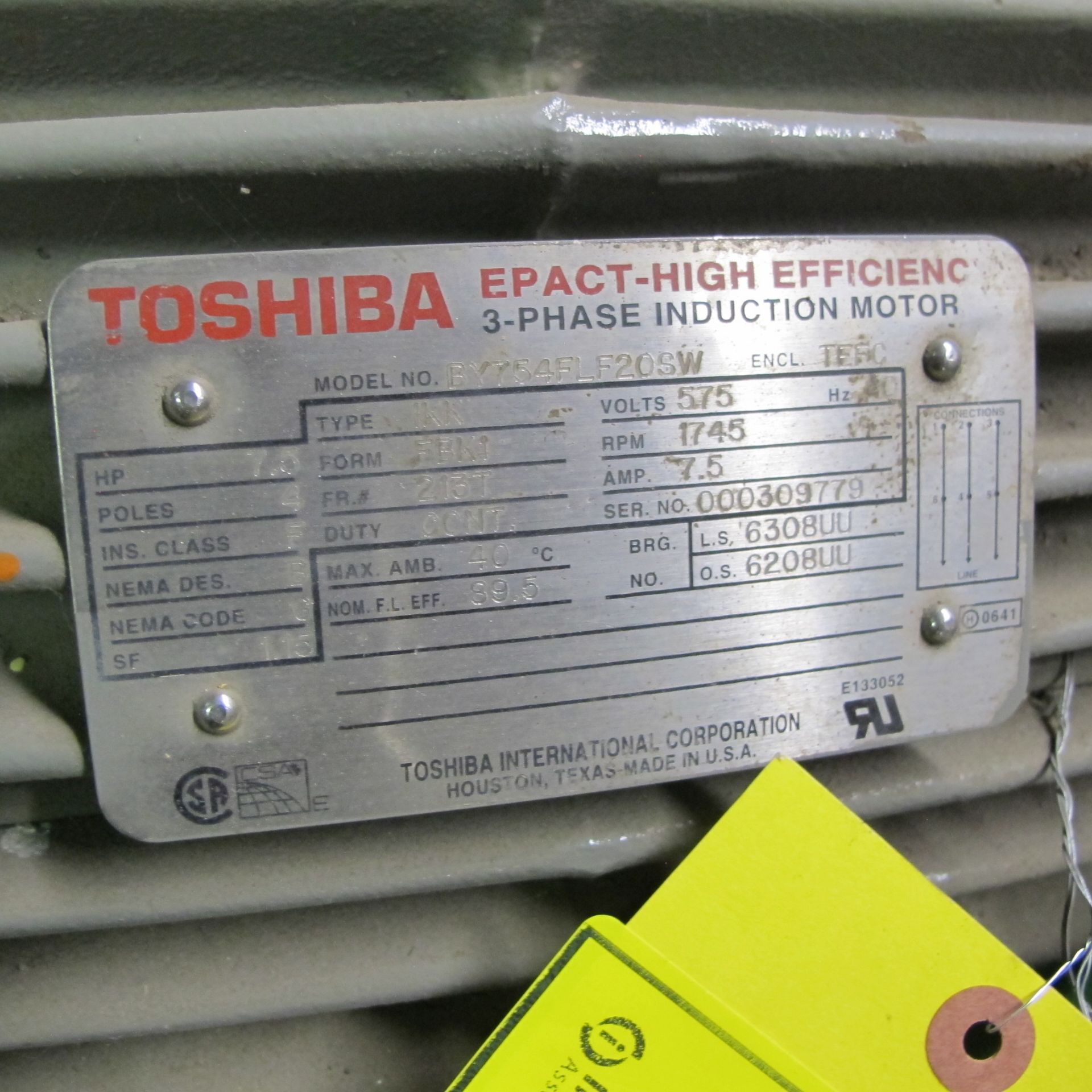 TOSHIBA 7.5HP MOTOR, 575V, 1,745 RPM, 213T FRAME, 3 PHASE (EAST BUILDING, NORTH MOTOR CRIB #2) - Image 2 of 2