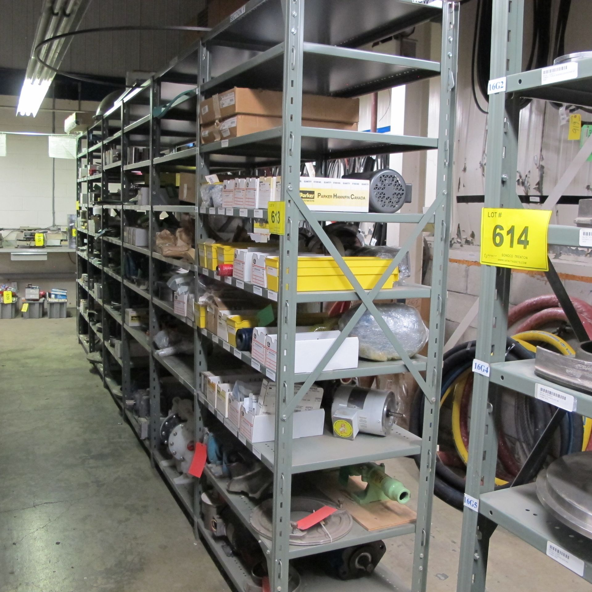 LOT OF (6) SECTIONS OF RACKING UP TO 9-LEVELS INCLUDING CONTENTS ON BOTH SIDES OF RACK, MOTORS,
