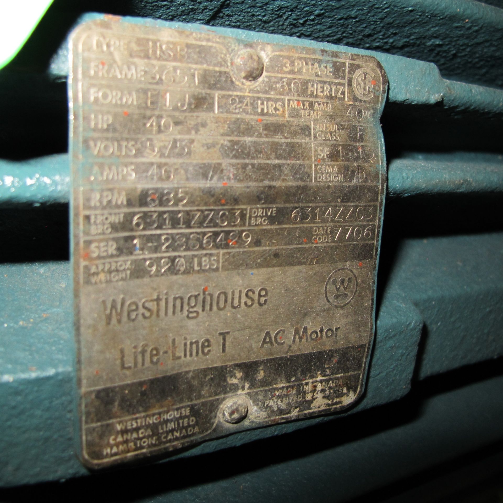 WESTINGHOUSE 40HP MOTOR, 575V, 885 RPM, 365T FRAME, 3 PHASE (EAST BUILDING, NORTH MOTOR CRIB #2) - Image 2 of 2