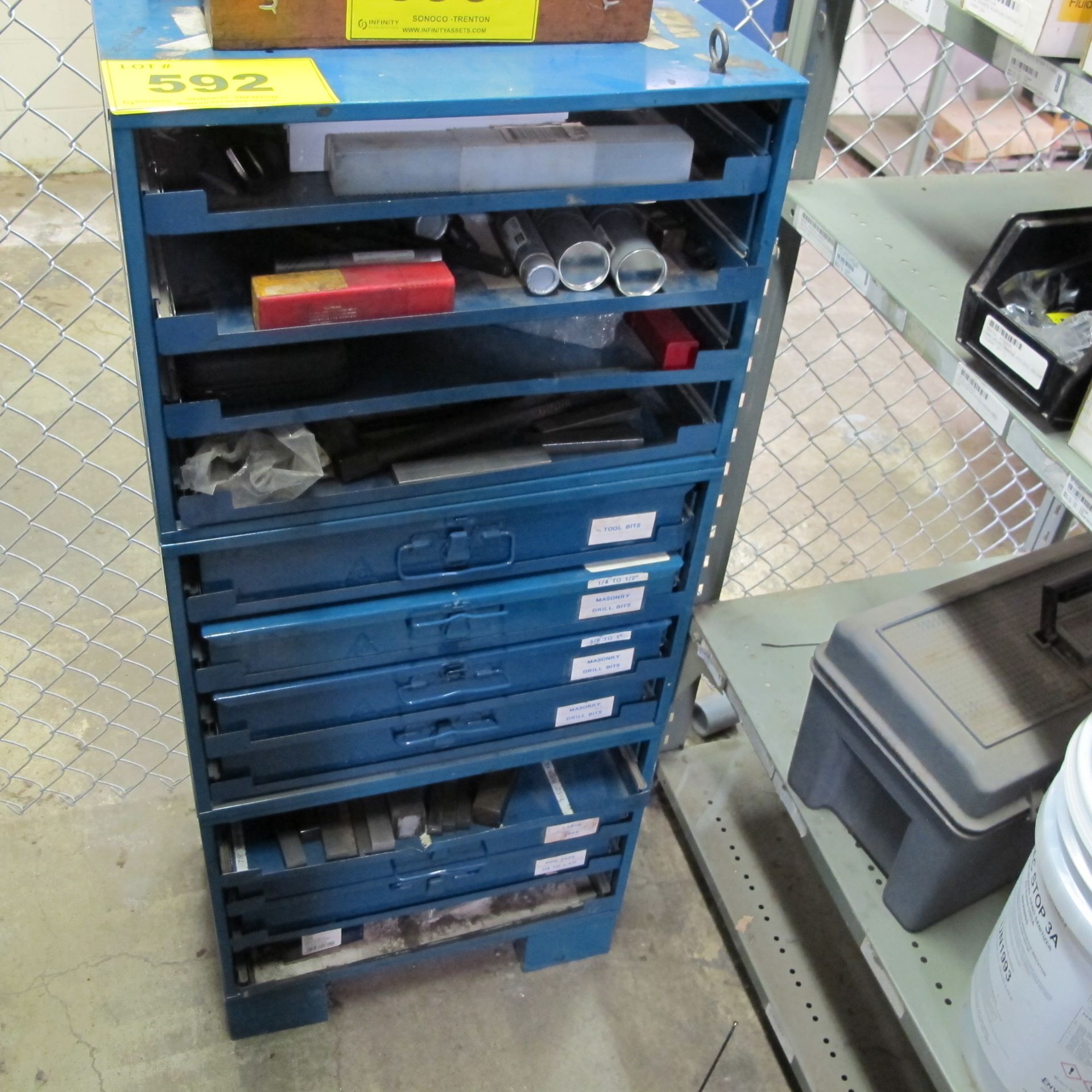 12-LEVEL CABINET CONTAINING CARBIDE CUTTING SETS, TAPS, DRILLS, KEYSTOCK ETC. (WEST BUILDING,