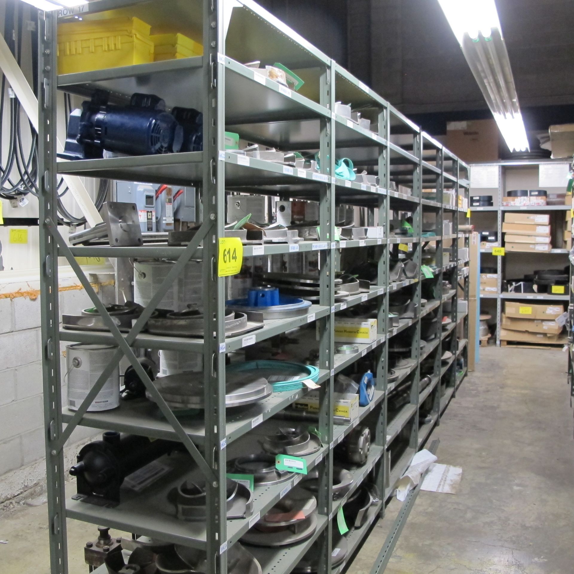 LOT OF (6) SECTIONS OF RACKING UP TO 9-LEVELS INCLUDING CONTENTS ON BOTH SIDES OF RACK, PUMP