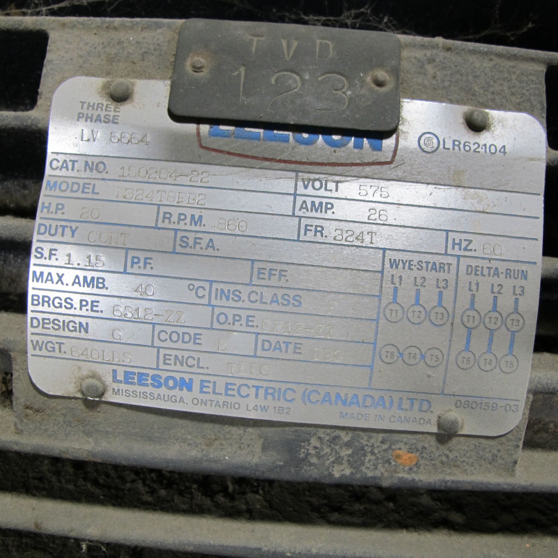 LEESON 20HP MOTOR, 575V, 860 RPM, 224T FRAME, 3 PHASE (EAST BUILDING, SOUTH WAREHOUSE) - Bild 2 aus 2