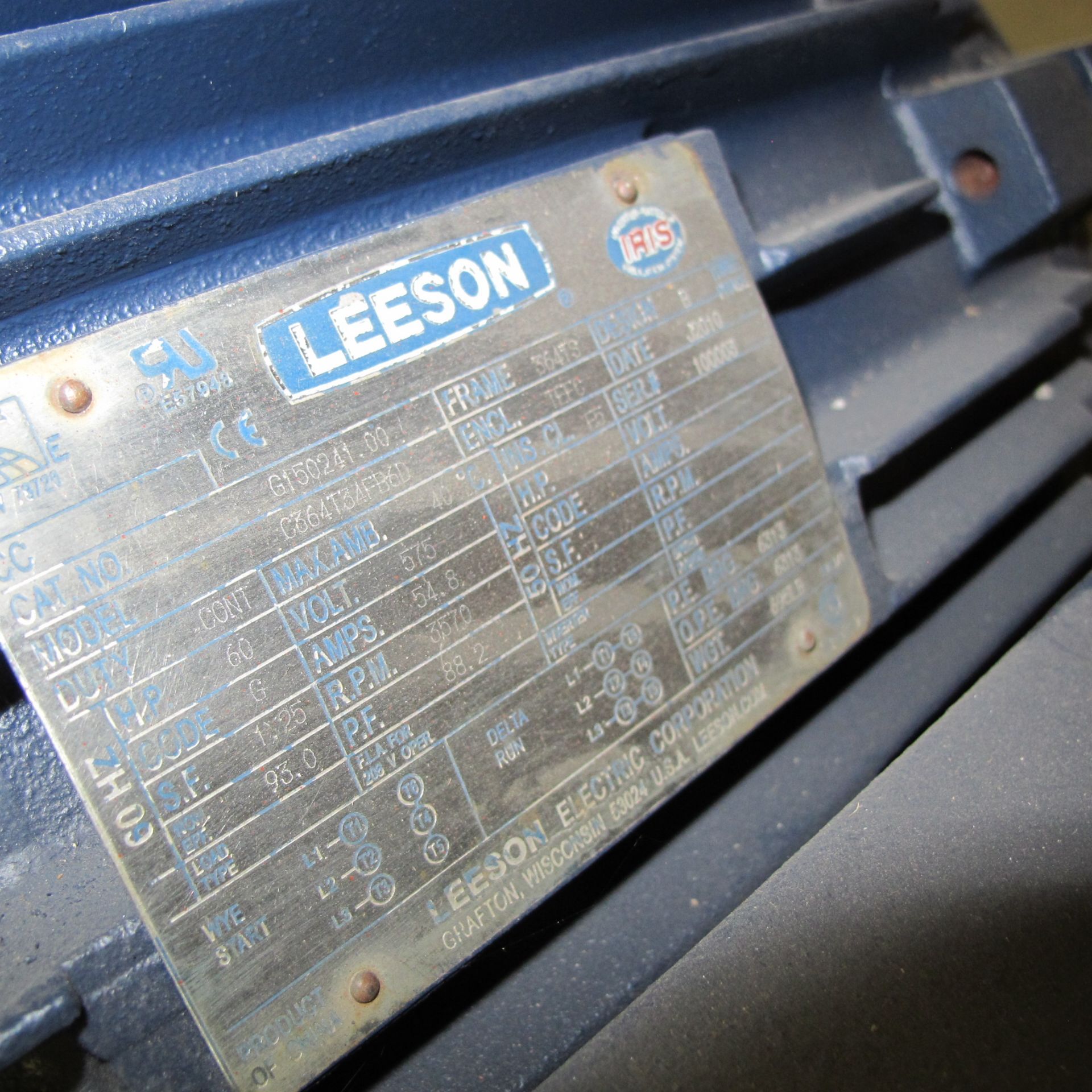 LEESON 60HP MOTOR, 575V, 3,570 RPM, 364T FRAME, 3 PHASE (EAST BUILDING, NORTH MOTOR CRIB #2) - Image 2 of 2