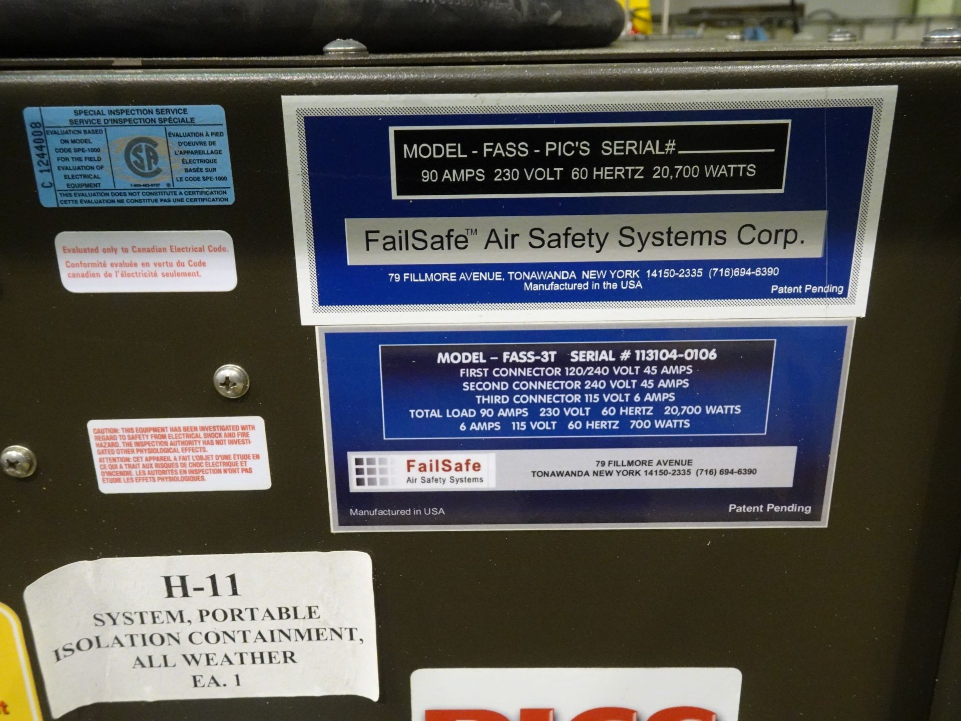 FAILSAFE AIR SAFETY SYSTEM MODEL FASS-PIC'S PORTABLE ISOLATION CONTAINMENT SYSTEM 90 AMPS, 230 - Image 3 of 8