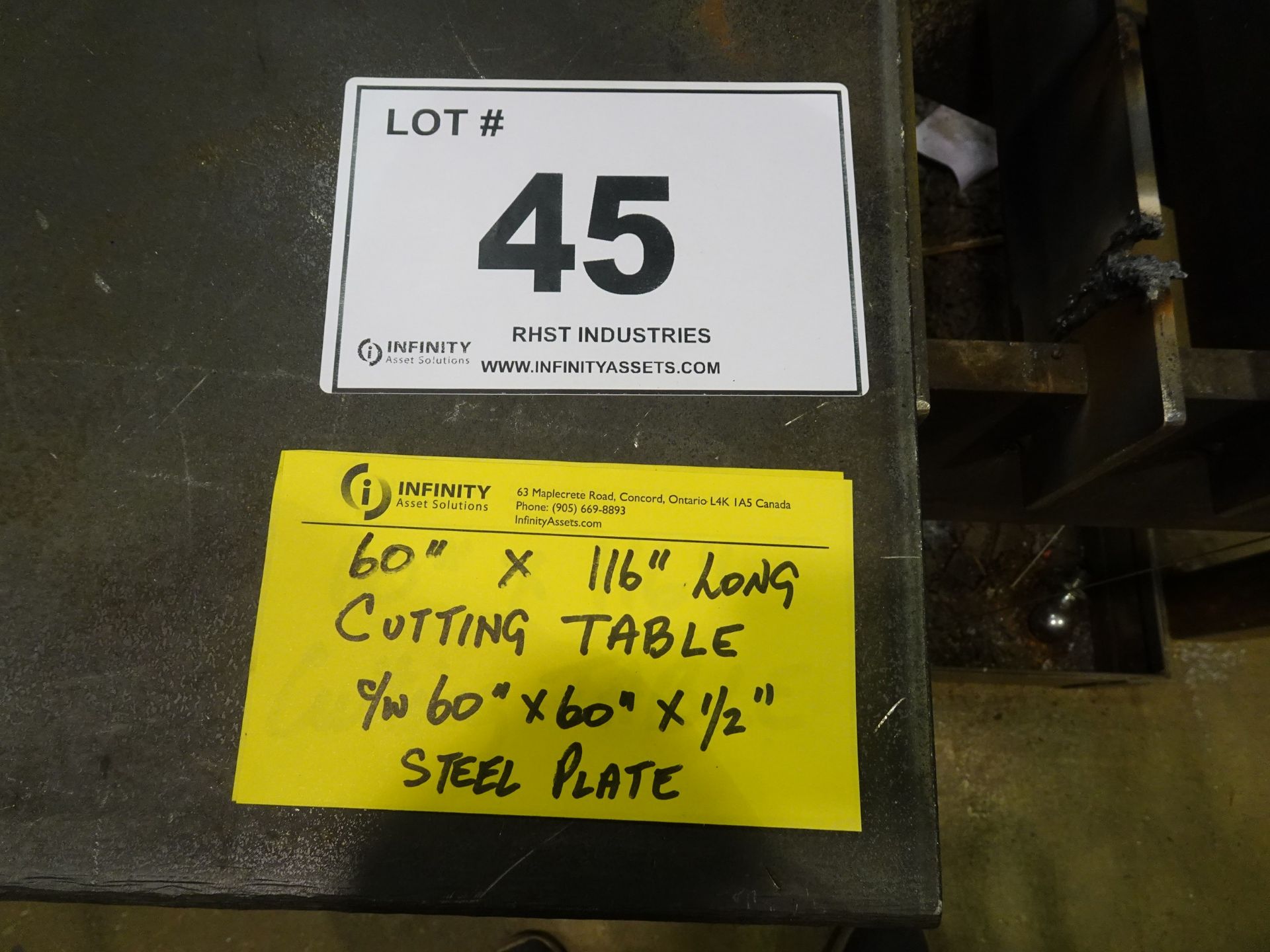 60" X 116" LONG STEEL CUTTING TABLE C/W 1/2" X 60" X 60" LONG STEEL PLATE (RIGGING FEE $35) - Image 2 of 4