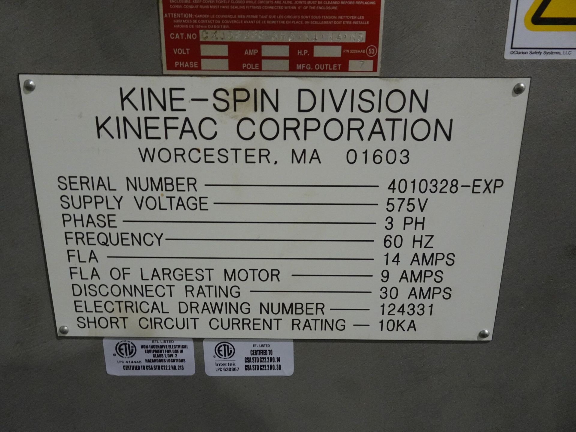 KINE-SPIN MODEL 401-EXP FLUID EXTRACTOR SYSTEM SKID MOUNTED, 3/60/575 VOLTS, S/N 4010328-EXP ( - Image 13 of 15