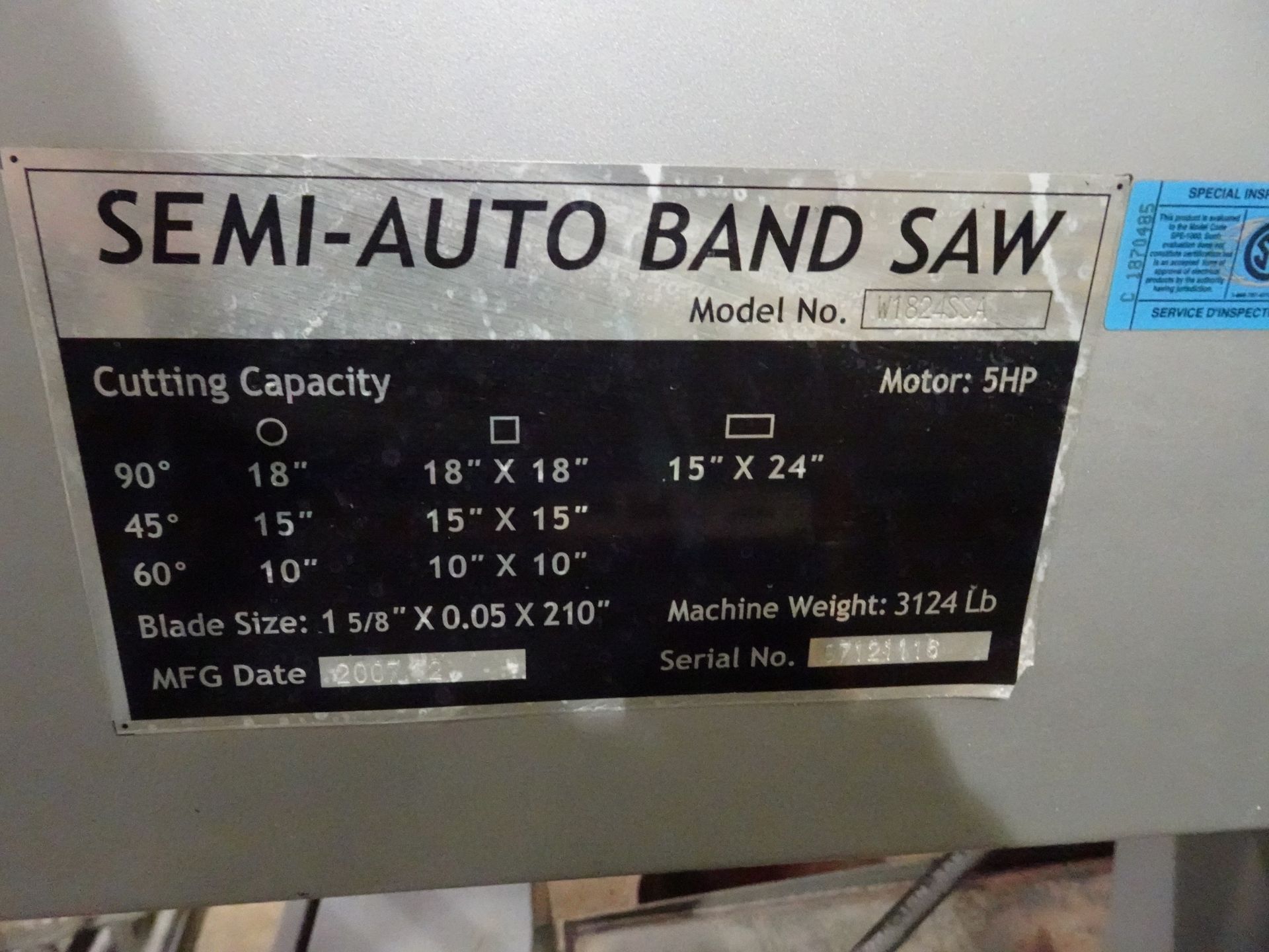 WAY TRAIN MODEL W1824SSA HORIZONTAL SEMI-AUTOMATIC BANDSAW, 5 H.P., AUTO CLAMP, C/W 24" X 165" - Image 4 of 18