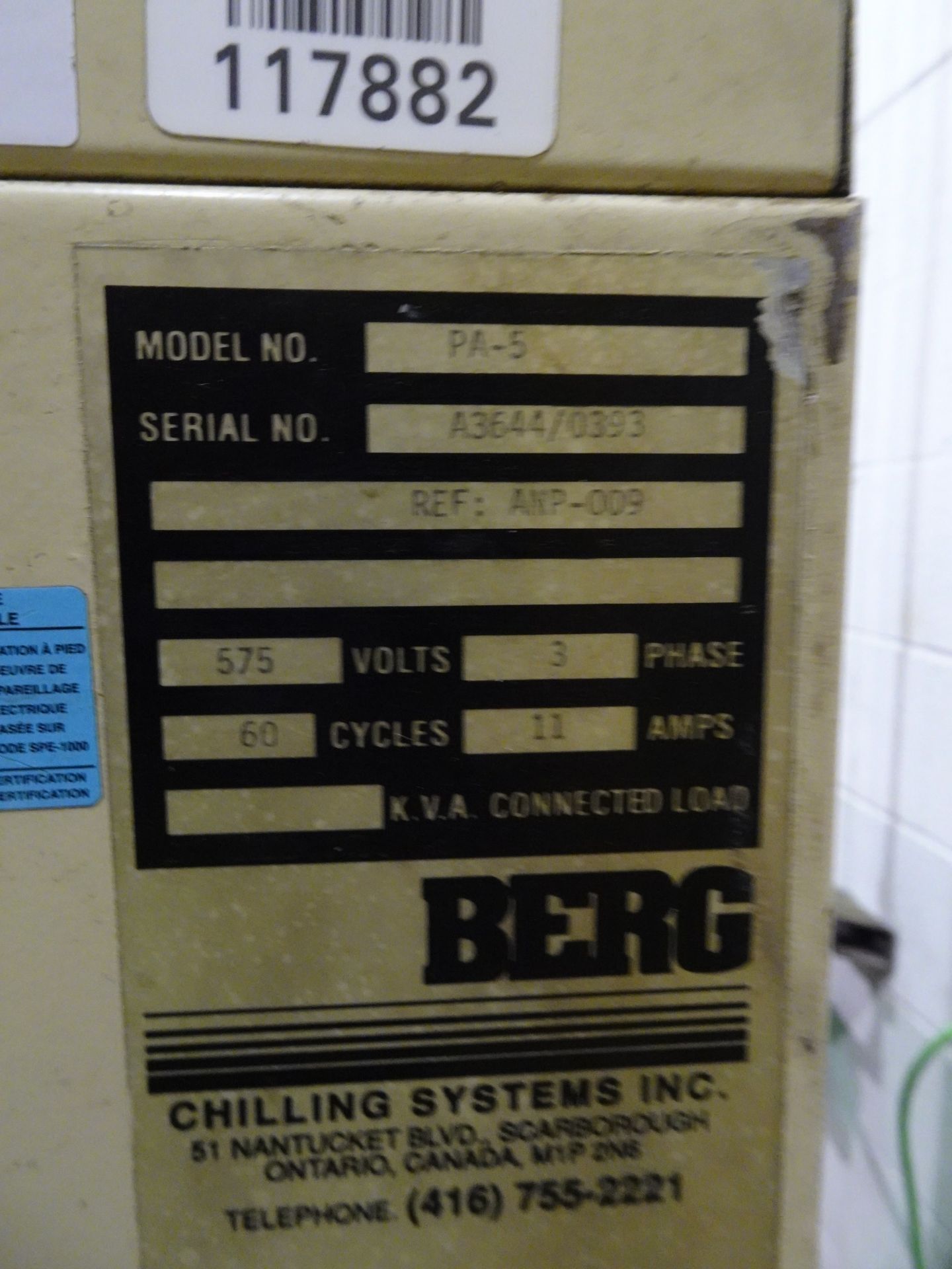 BERG MODEL PA-5 CHILLER, 3/60/575 VOLTS, S/N A3644/0393 (RIGGING FEE $250) - Image 3 of 6