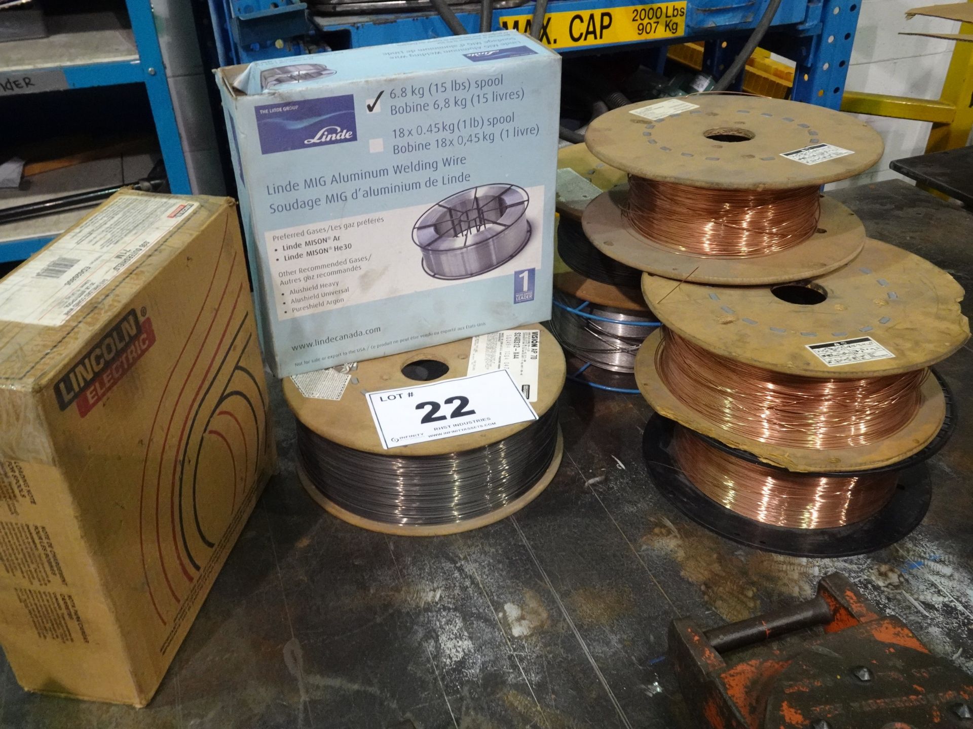 LOT OF (8) ASSORTED ROLLS OF WELDING WIRE (RIGGING FEE $10)