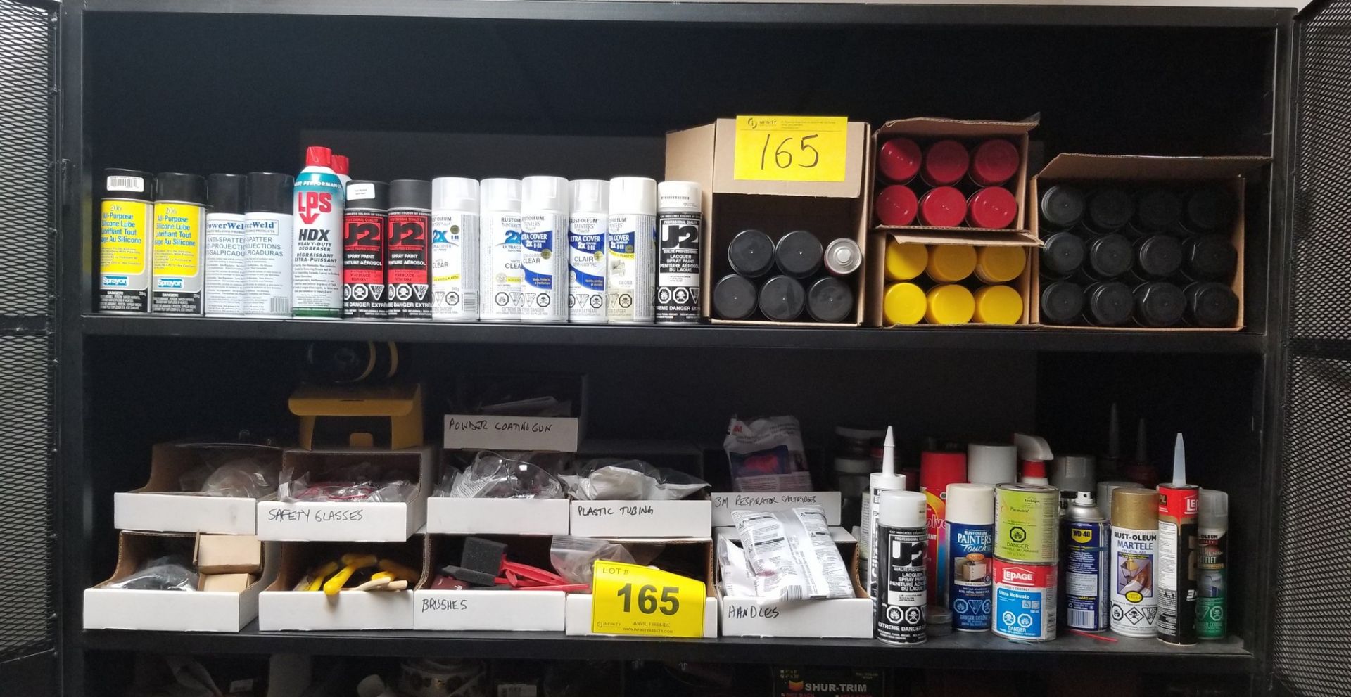 LOT OF ASSORTED PAINTS, ADHESIVES, BRUSHES, SPRAYS ETC.