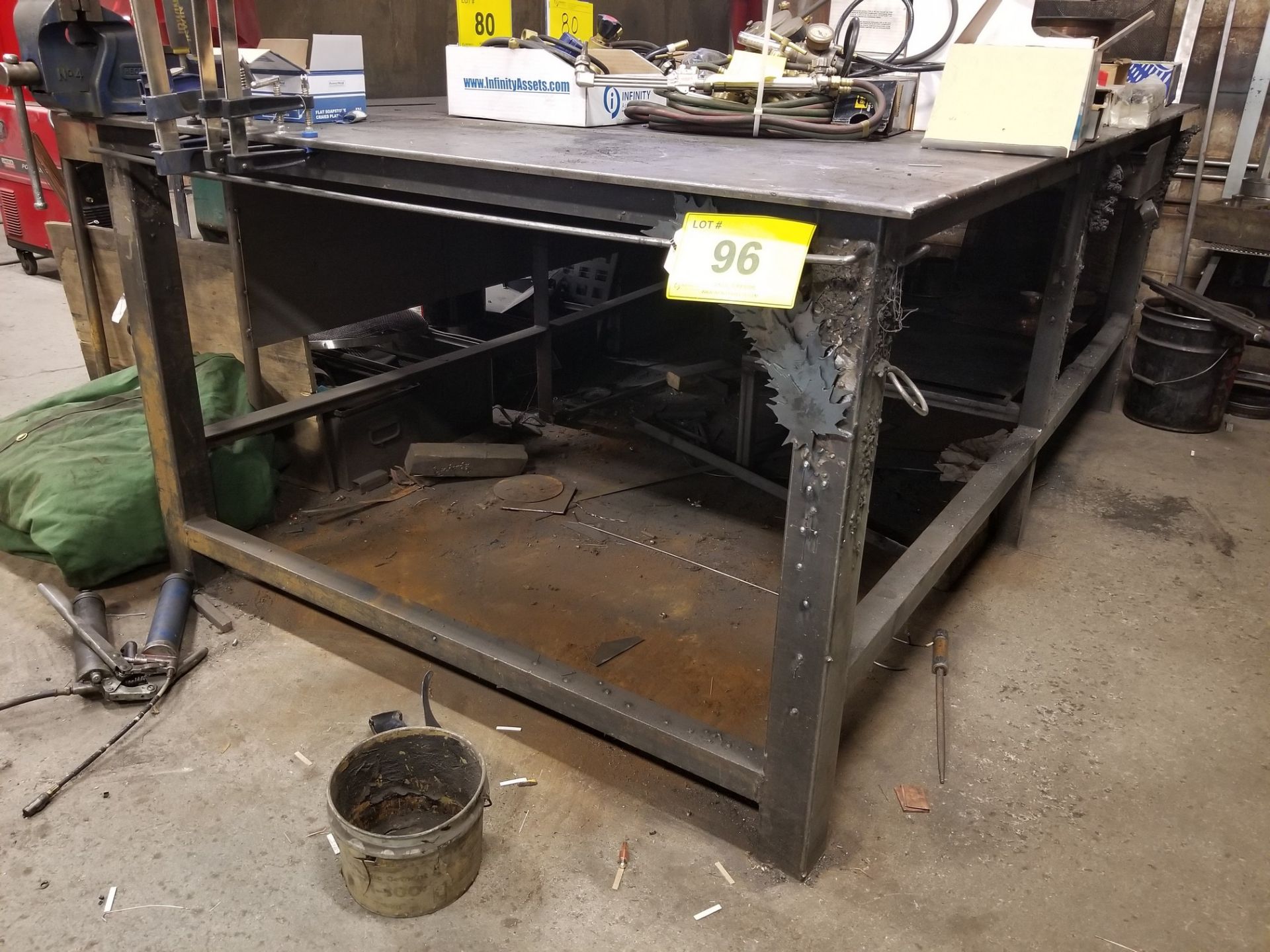 82" x 60" x 36" WELDING TABLE W/ 4-1/2" BENCH VISE (NO CONTENTS)