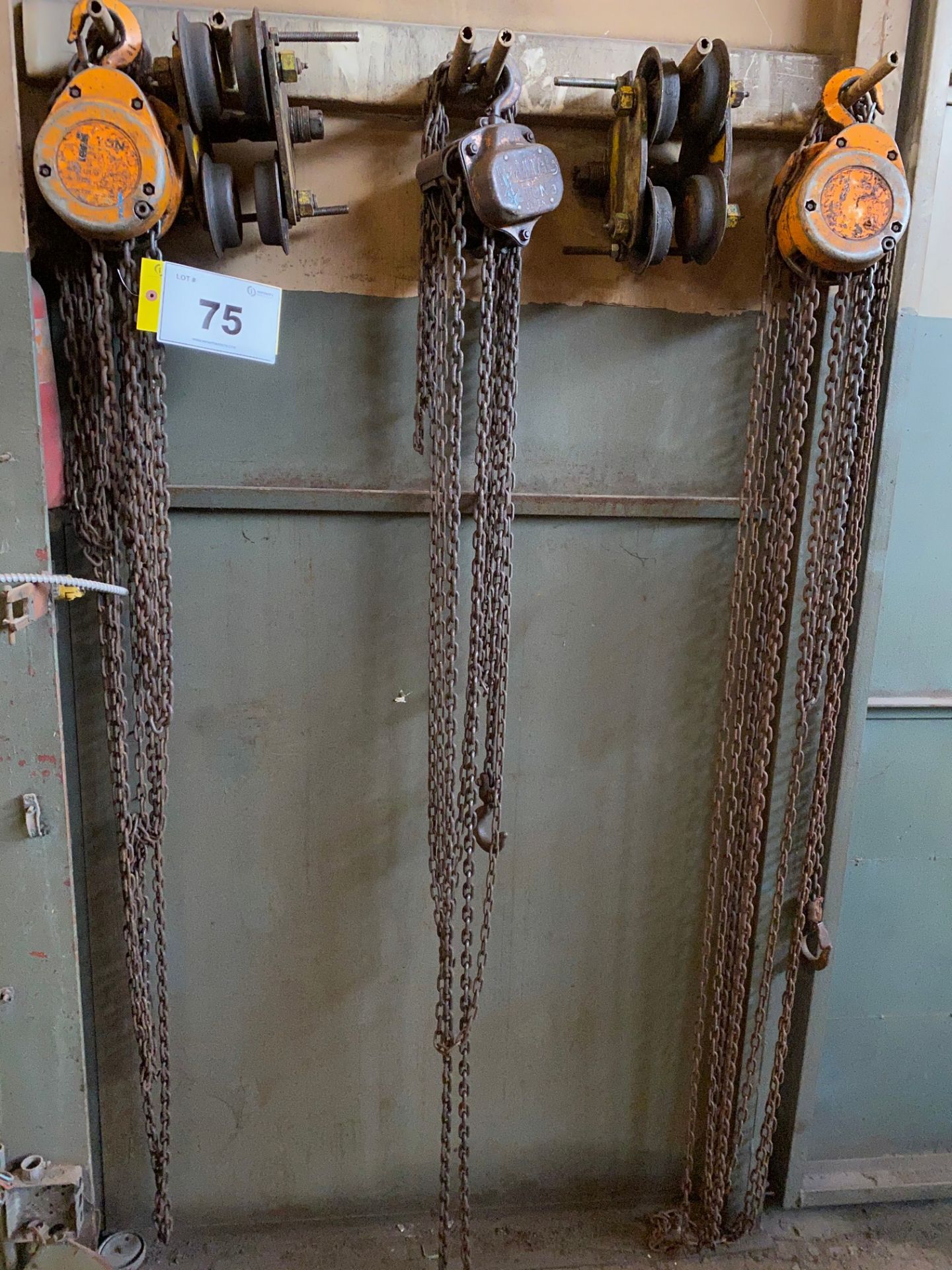 LOT (3) 1-TON CAP. CHAIN HOISTS AND (2) PULLEYS