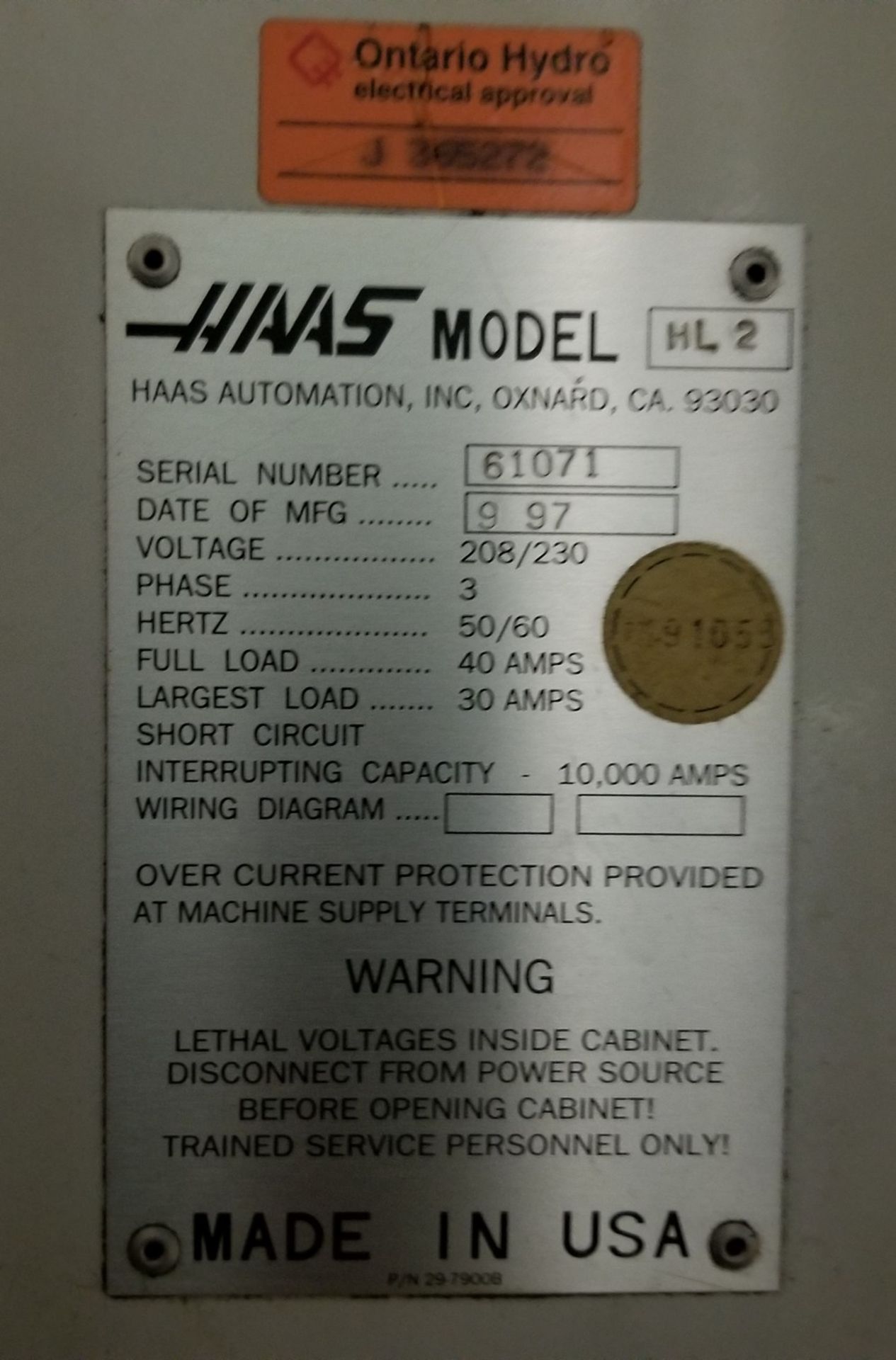 HAAS HL-2 CNC LATHE, CNC CONTROL, 8” 3-JAW CHUCK, TAILSTOCK, TOOL PRESETTER, 10-STATION TURRET, S/ - Image 12 of 12