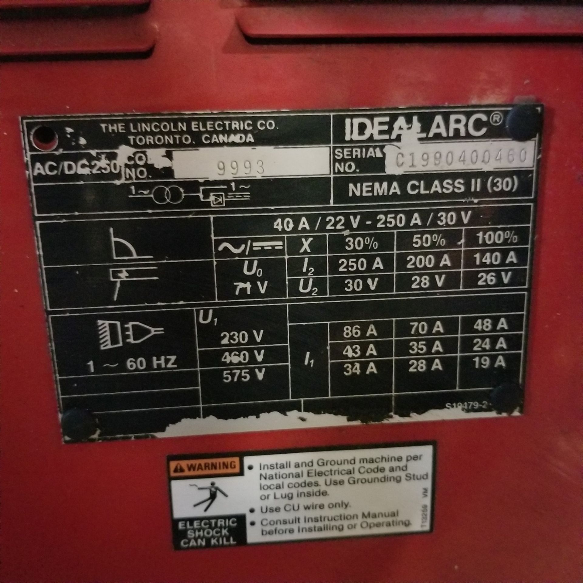LINCOLN ELECTRIC, IDEALARC 250 WELDING AC/DC MACHINE S/N: C1990400460 - Image 4 of 4