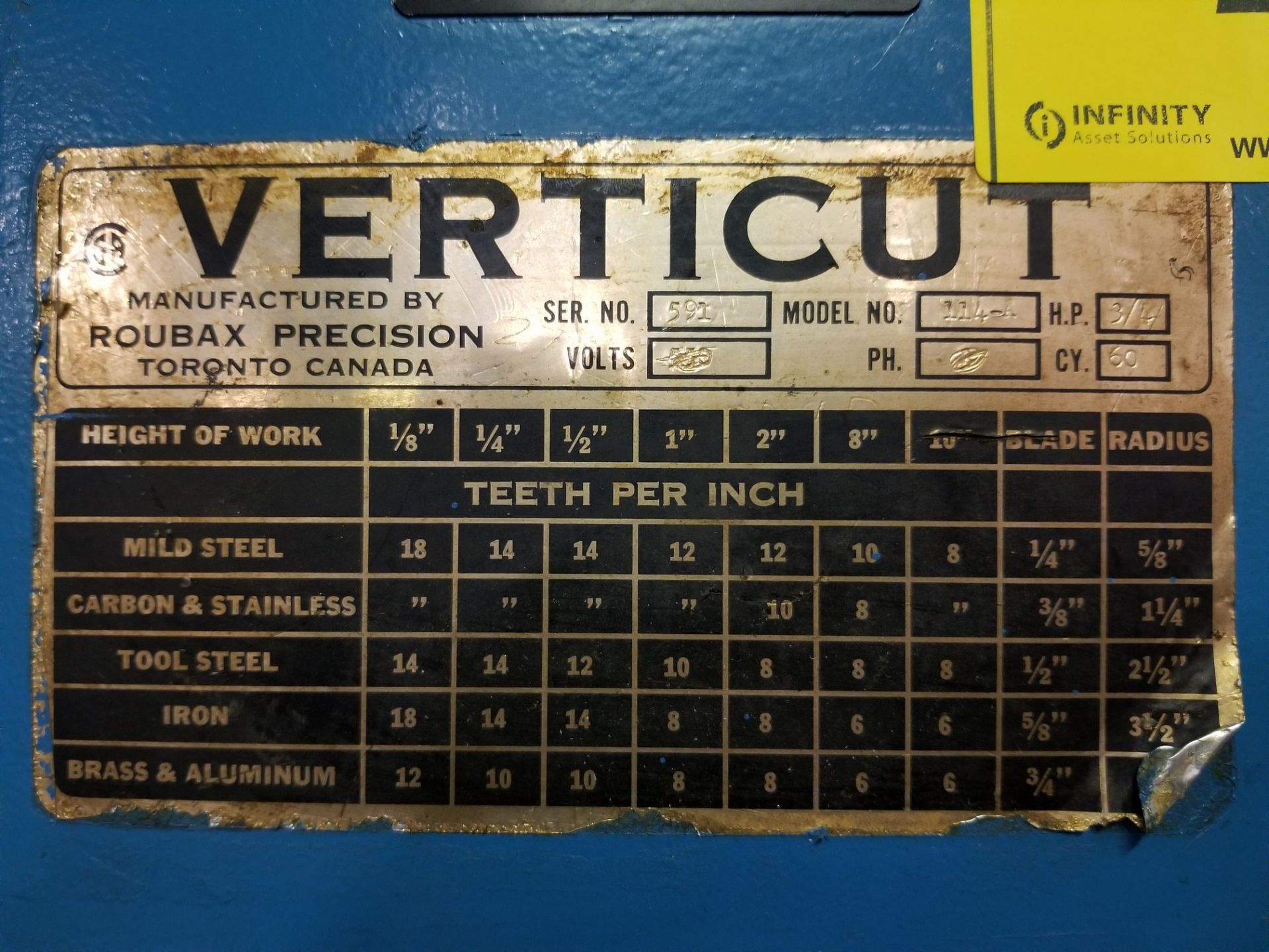 VERTICUT 114-A ROLL-IN BANDSAW. S/N: 591 - Image 3 of 3
