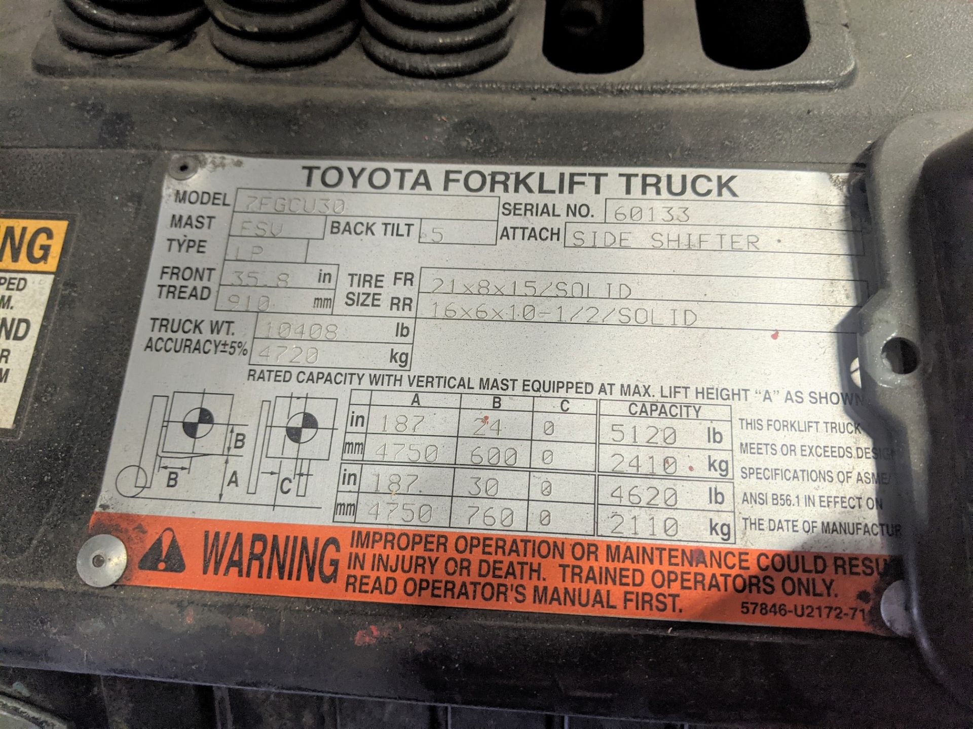 TOYOTA 7FGCU30 PROPANE FORKLIFT, 5,120LB CAP., 187” MAX LIFT, 3-STAGE MAST, SIDE SHIFT, S/N 60133, - Image 5 of 13