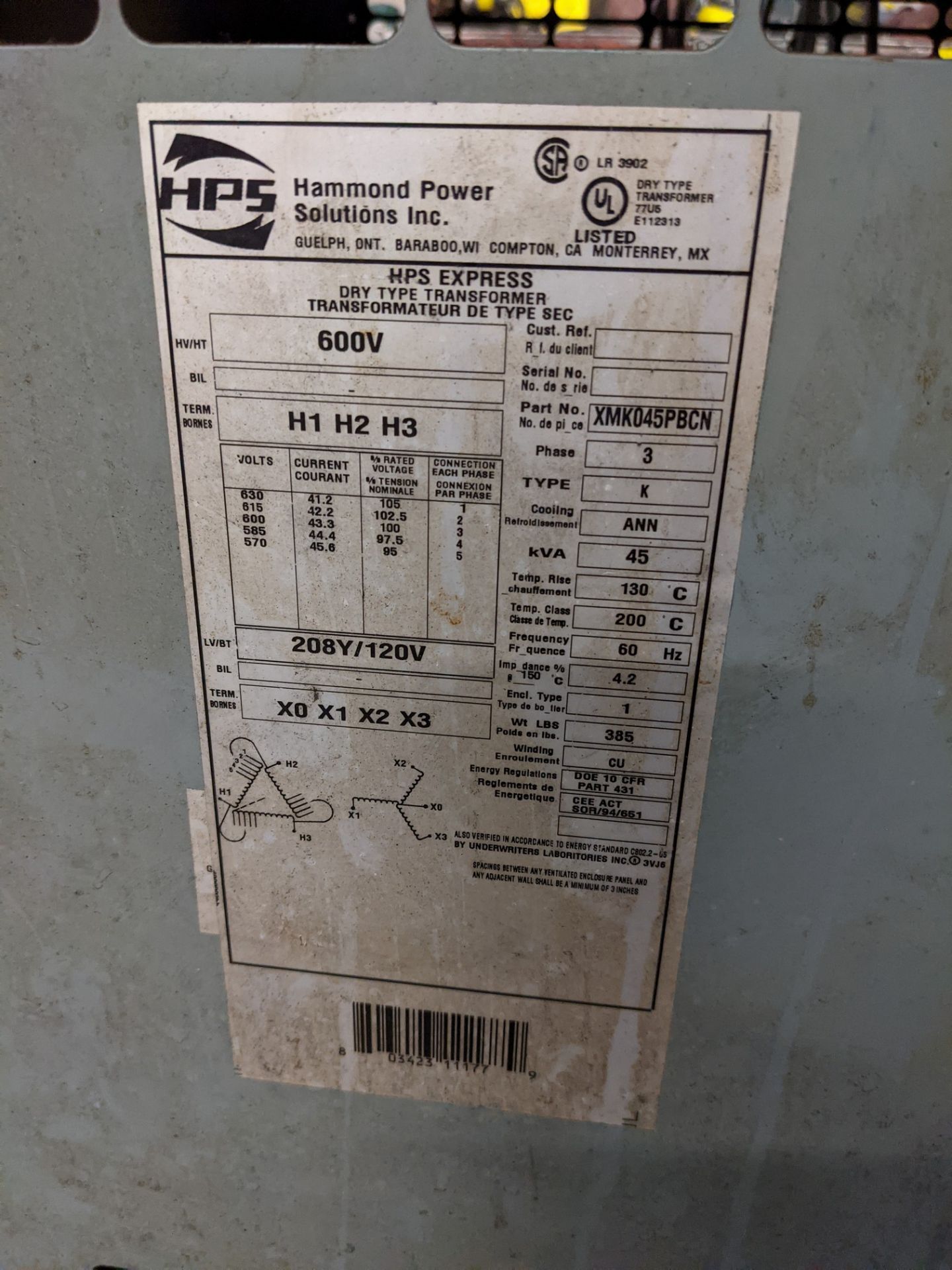 HAMMOND POWER SOLUTIONS 45KVA TRANSFORMER, 3 PHASE - Image 2 of 2