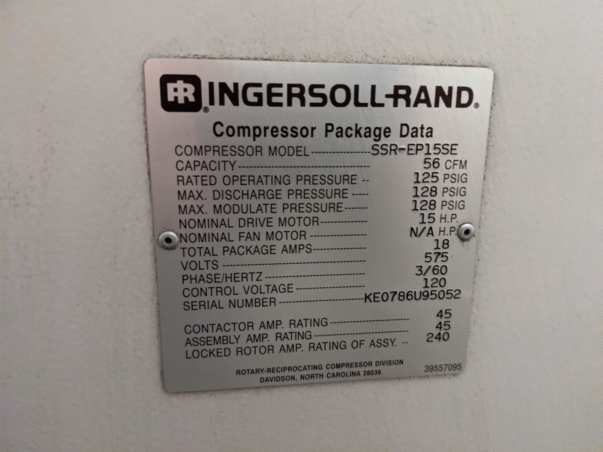 INGERSOLL-RAND SSREP15SE 15HP AIR COMPRESSOR, S/N KE0786U95052 - Image 4 of 5