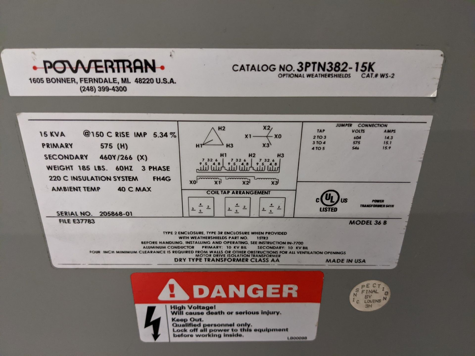 POWERTRAN 15KVA TRANSFORMER, 3 PHASE - Image 2 of 2