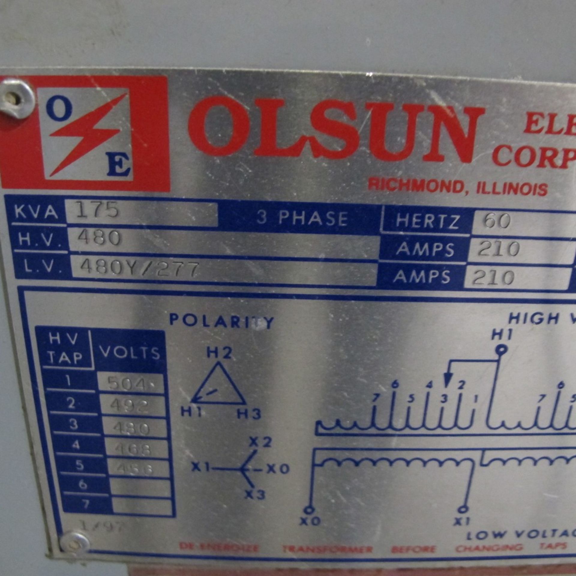 OLSUN 175KVA 3 PHASE TRANSFORMER (TOWEL T2) - Image 2 of 2