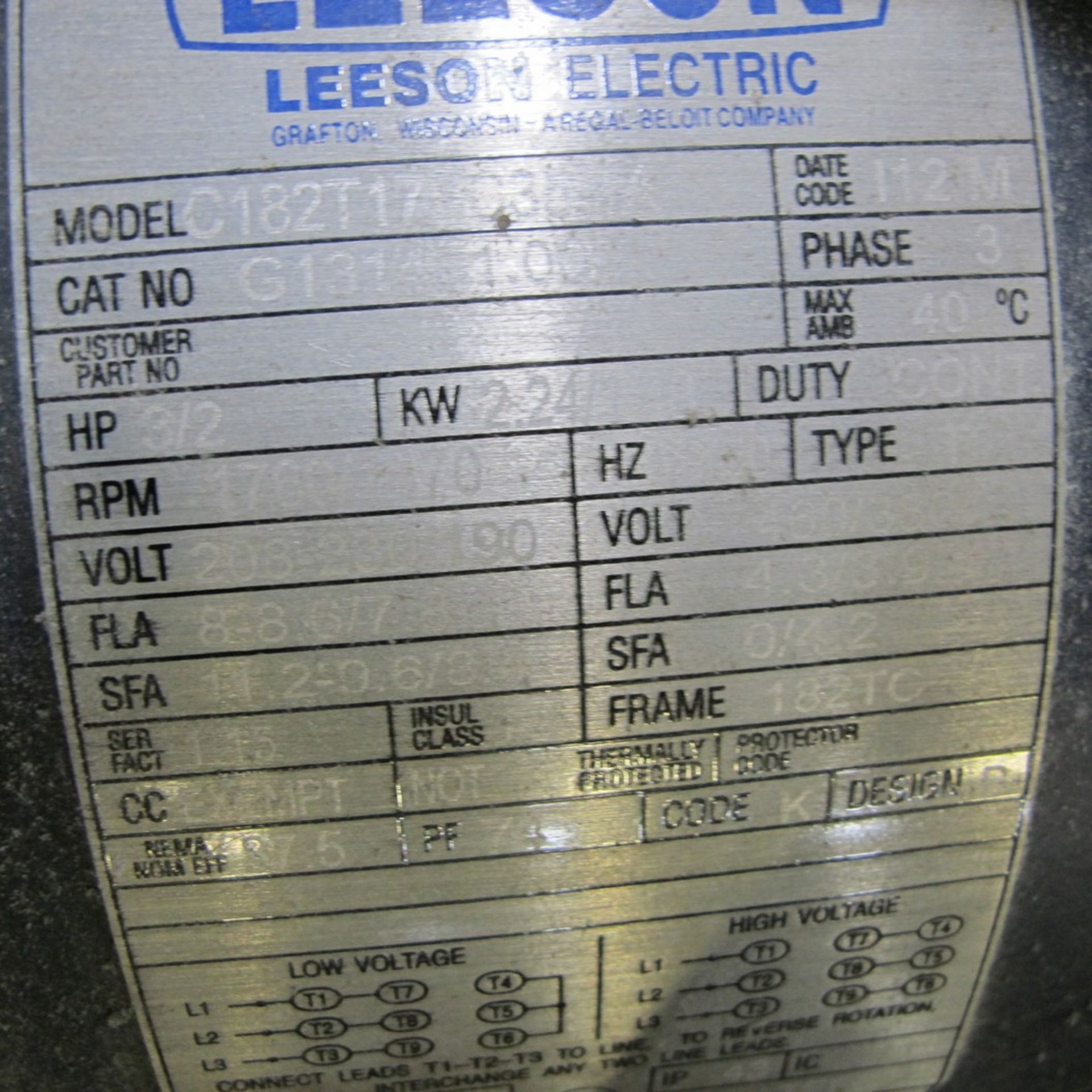 LEESON ELECTRIC MOTOR, 3.5HP, 460V, 1,760/2,570 RPM, 182TC FRAME W/ IRONMAN/GROVE GEARBOX/REDUCER 15 - Image 2 of 3
