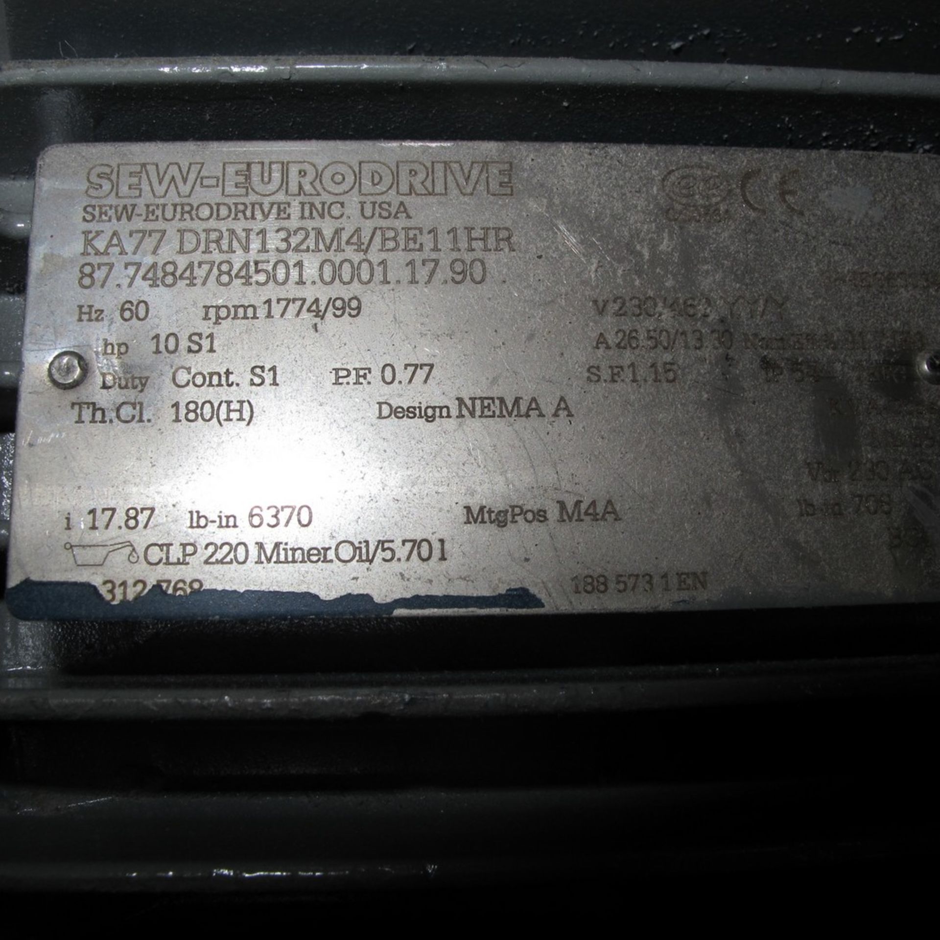 SEW-EURODRIVE KA77DRN132M4/BE11H12, 87.7484784501.0001.17.90, V230/460, 1,774/99 RPM, HP 10 S1 ( - Image 2 of 2