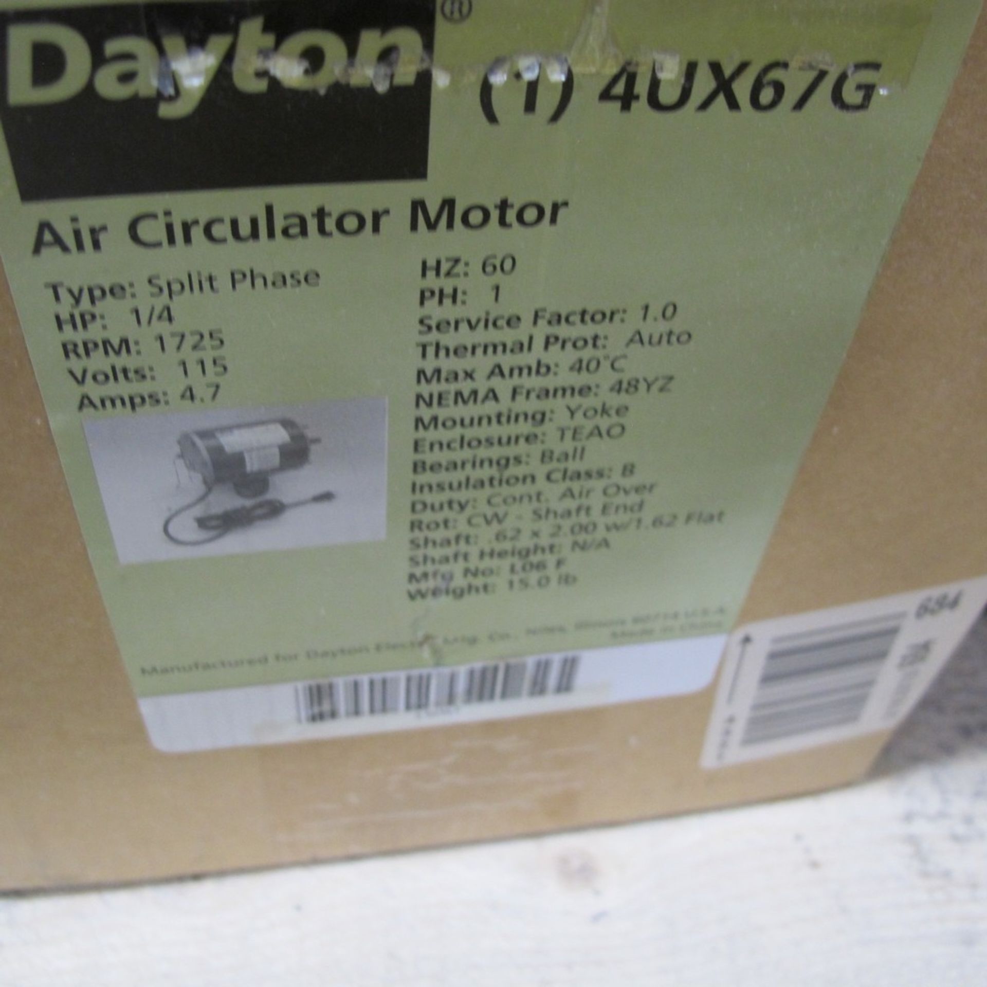 DAYTON AIR CIRCULATOR MOTOR, 1/4HP, 115V, 1,725 RPM, 48YZ FRAME (NORTHWEST PLANT) - Image 2 of 2