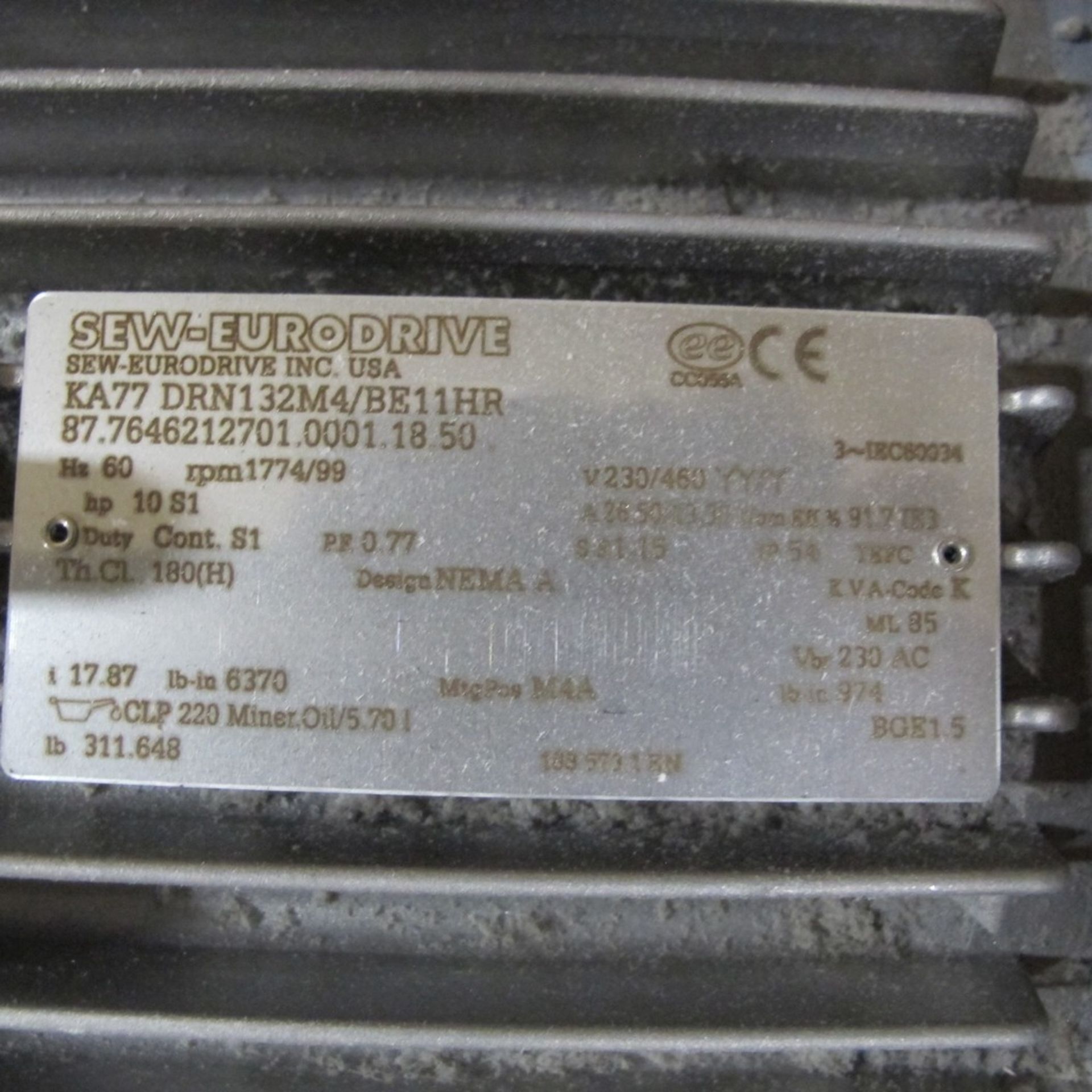 SEW-EURODRIVE SERVO MOTOR W/ REDUCER/GEARBOX, 10HP S1, 1,774/99 RPM, 230/460V (NORTHWEST PLANT) - Image 3 of 4