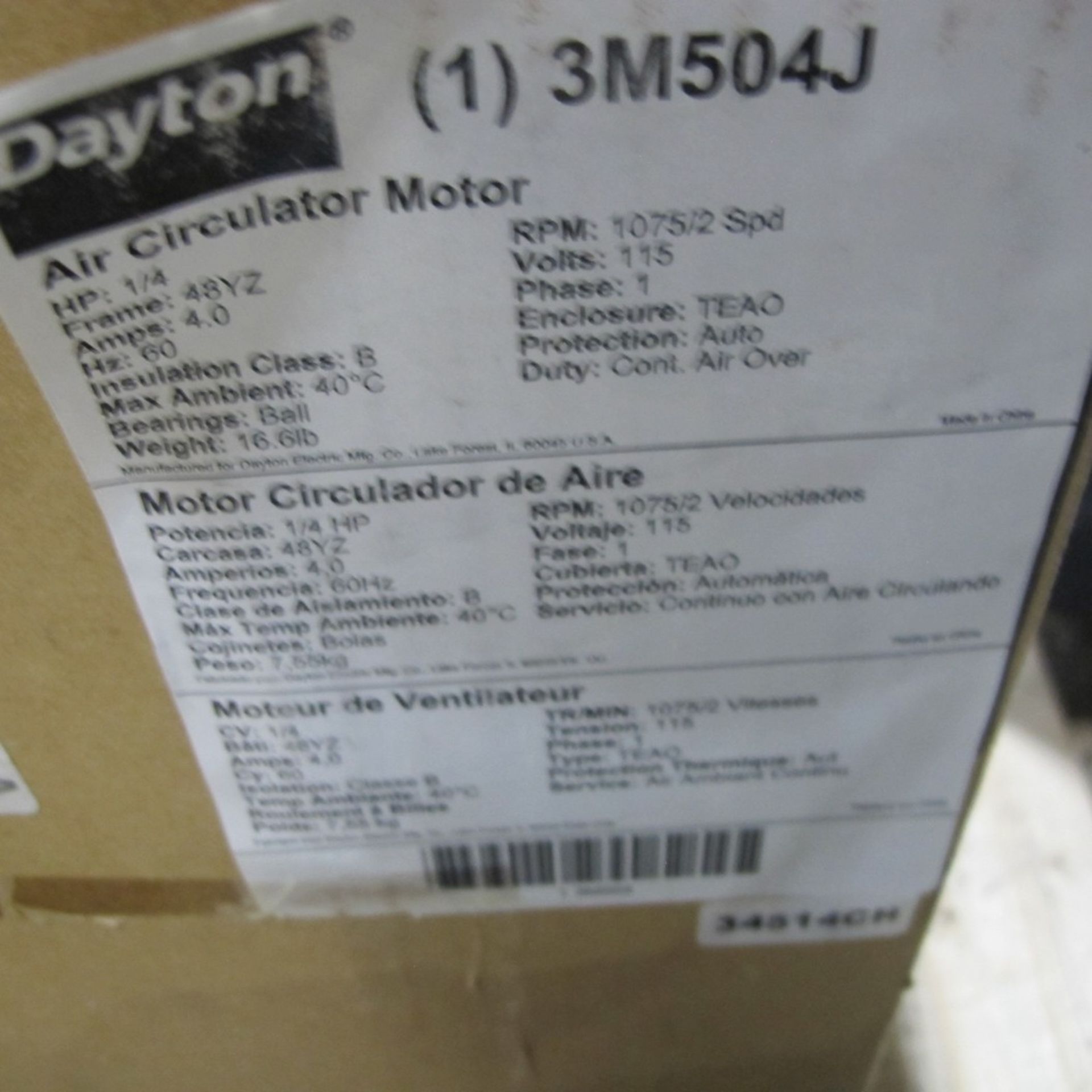 DAYTON AIR CIRCULATOR MOTOR, 1/4HP, 115V, 1,075/2 RPM, 48YZ FRAME (NORTHWEST PLANT) - Image 3 of 3