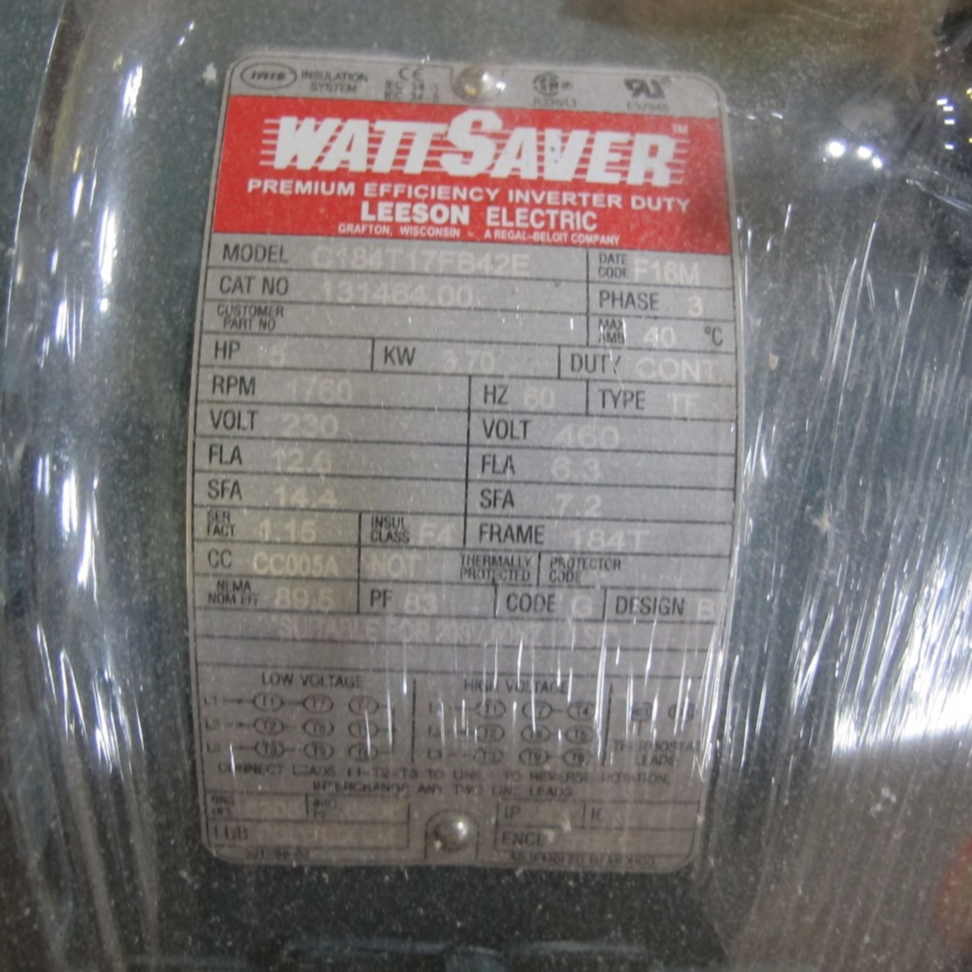 LESSON WATTSAVER MOTOR, 15HP, 230/460V, 1,760 RPM, 184T FRAME (NORTHWEST PLANT) - Image 2 of 2