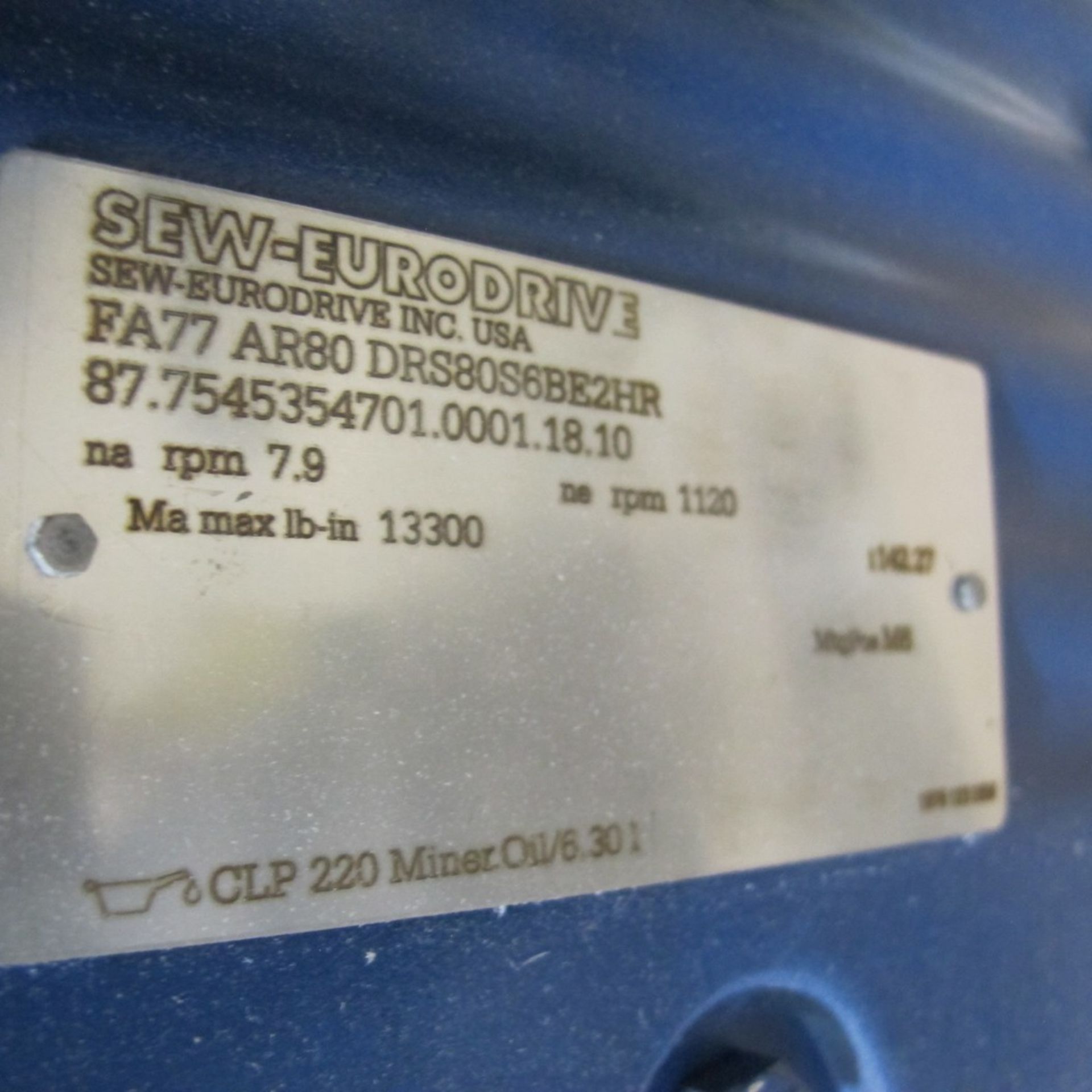 SEW-EURODRIVE SERVO MOTOR, FA77AR80DR58056BE2HR, 87.7545354701.0001.18.10, 0.75 S1 HP, 230/460V, 1, - Image 3 of 3