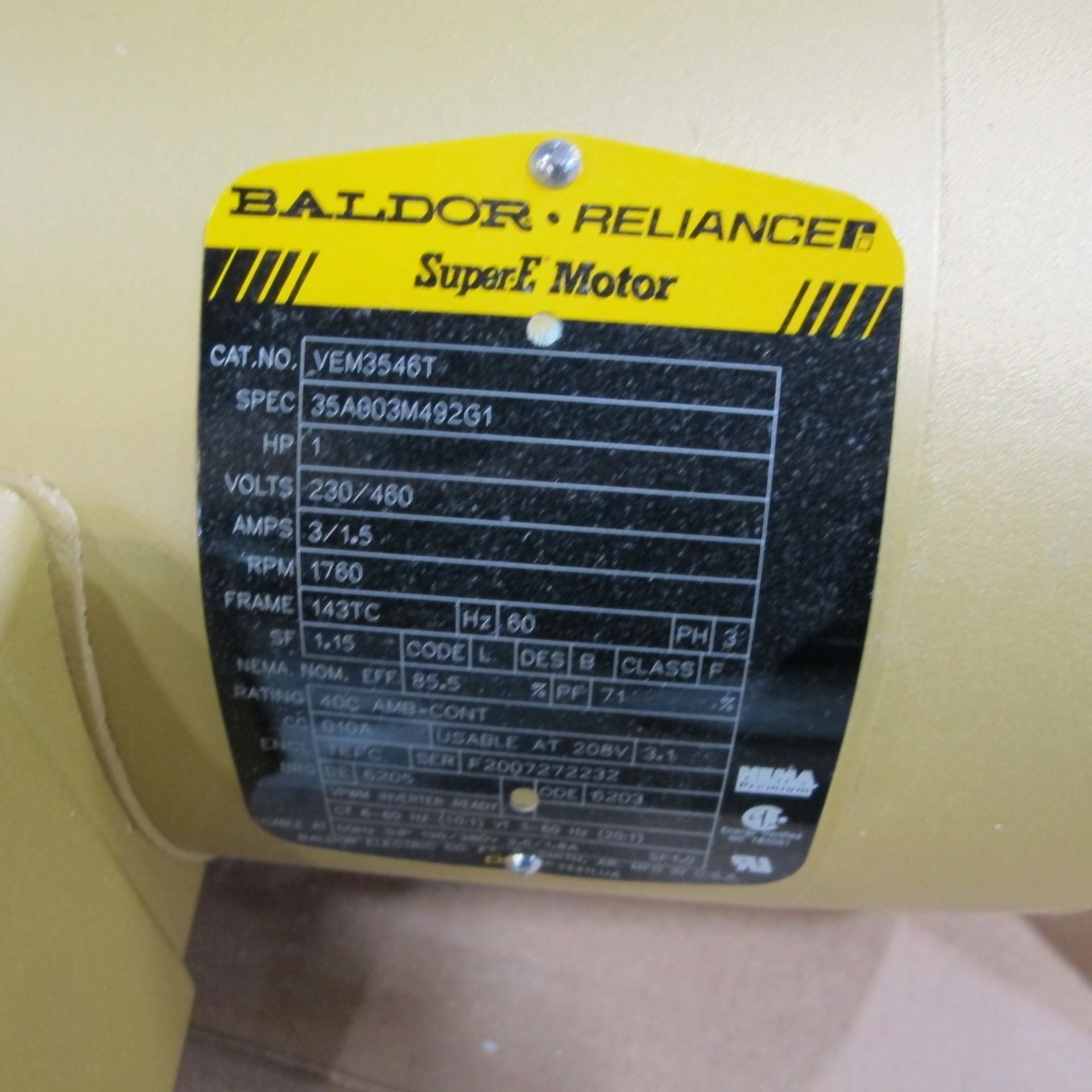 BALDOR RELIANCE SUPER E MOTOR, 1HP, 230/460V, 1,760 RPM, 143TC FRAME (NORTHWEST PLANT) - Image 2 of 2