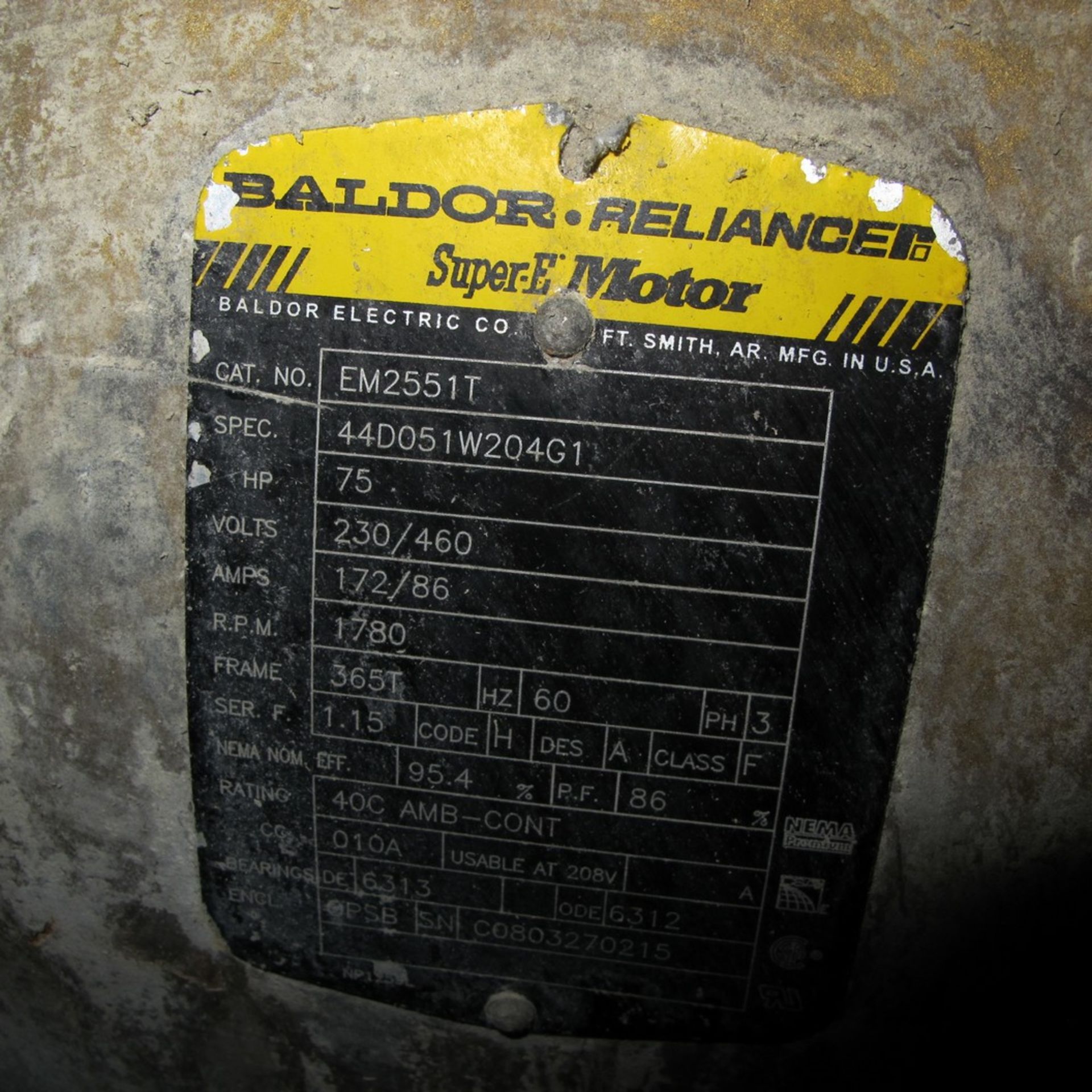 BALDOR RELIANCE SUPER E MOTOR, 75HP, 230/460V, 1,780 RPM, 365T FRAME (COMPRESSOR ROOM) - Image 2 of 2