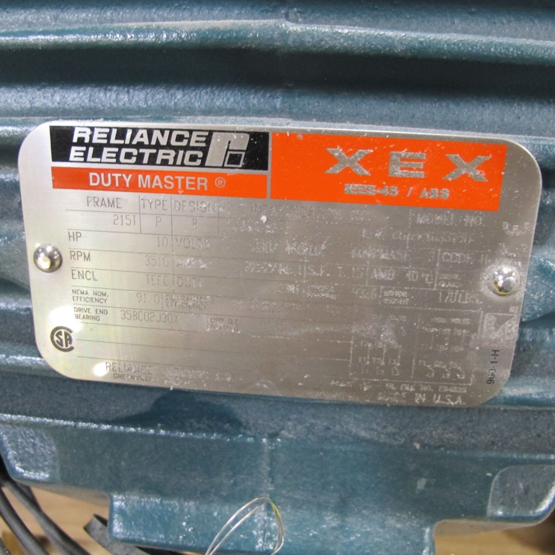 RELIANCE ELECTRIC DUTY MASTER XEX MOTOR, 10HP, 460V, 3,510RPM, 215T FRAME (NORTHWEST PLANT) - Image 2 of 2