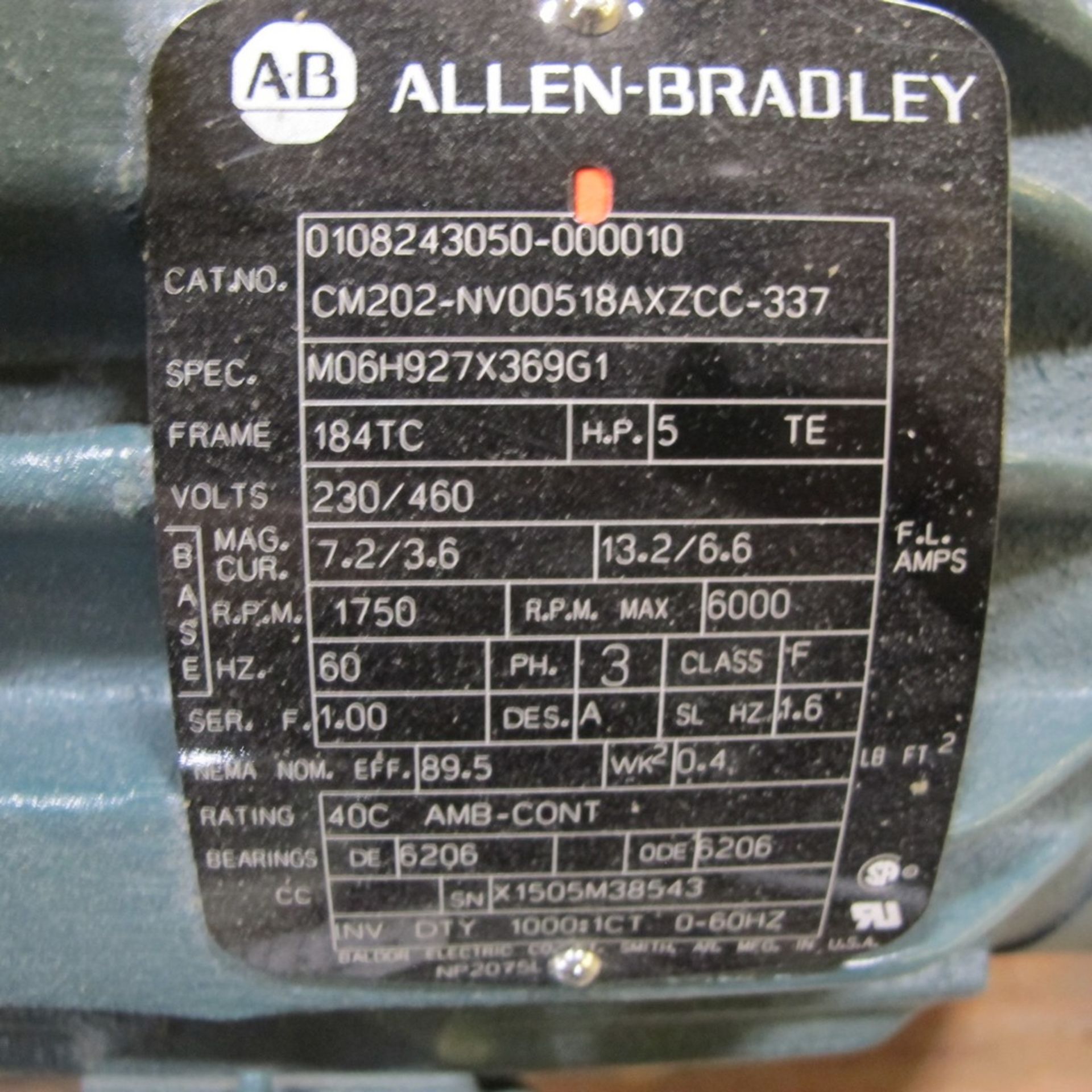 ALLEN BRADLEY 5HP MOTOR, 230/460V, 1,750 RPM, 184TC FRAME (NORTHWEST PLANT) - Image 2 of 2