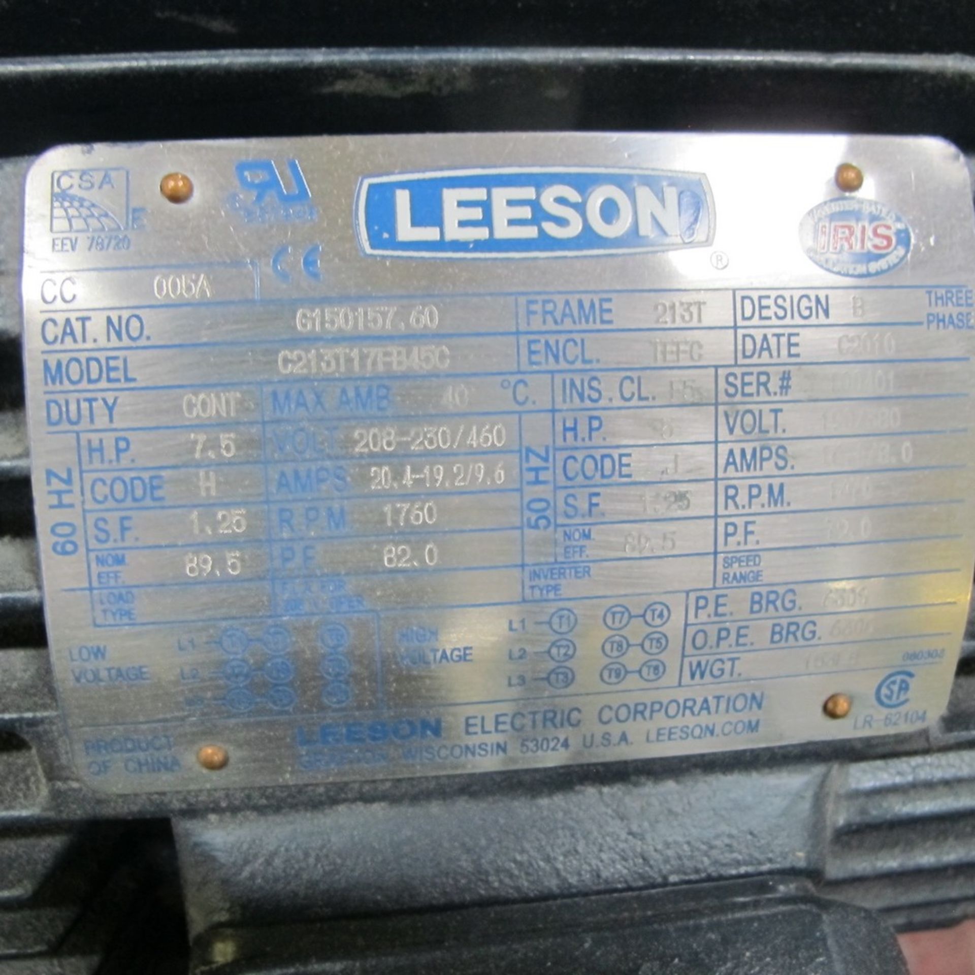 LEESON ELECTRIC MOTOR 7.5HP, 208-230/460V, 1,760 RPM, 213T FRAME (NORTHWEST PLANT) - Image 2 of 2