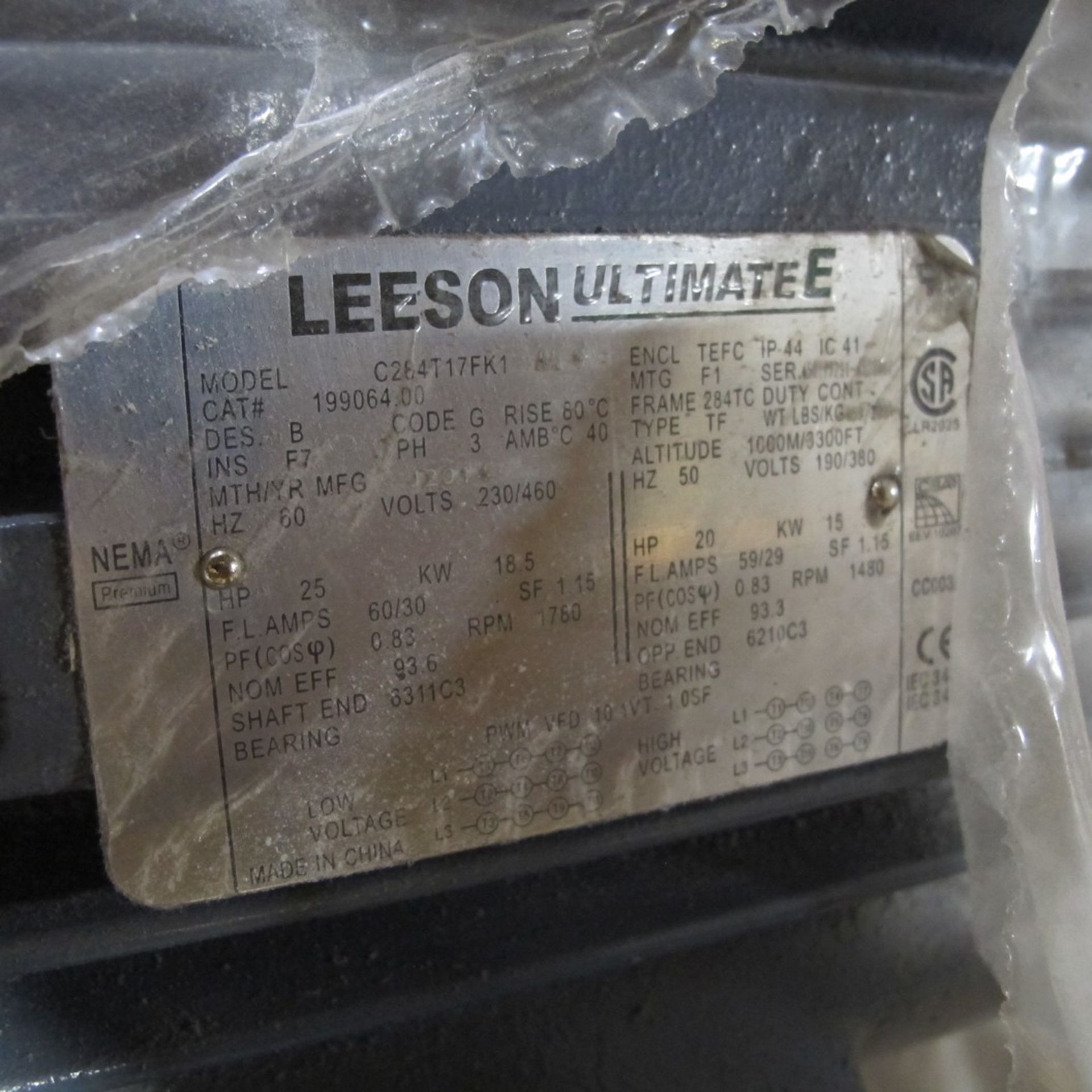 LEESON ULTIMATE E MOTOR, 25HP, 190/380V, 1,780 RPM, 284TC FRAME (NORTHWEST PLANT) - Image 2 of 2