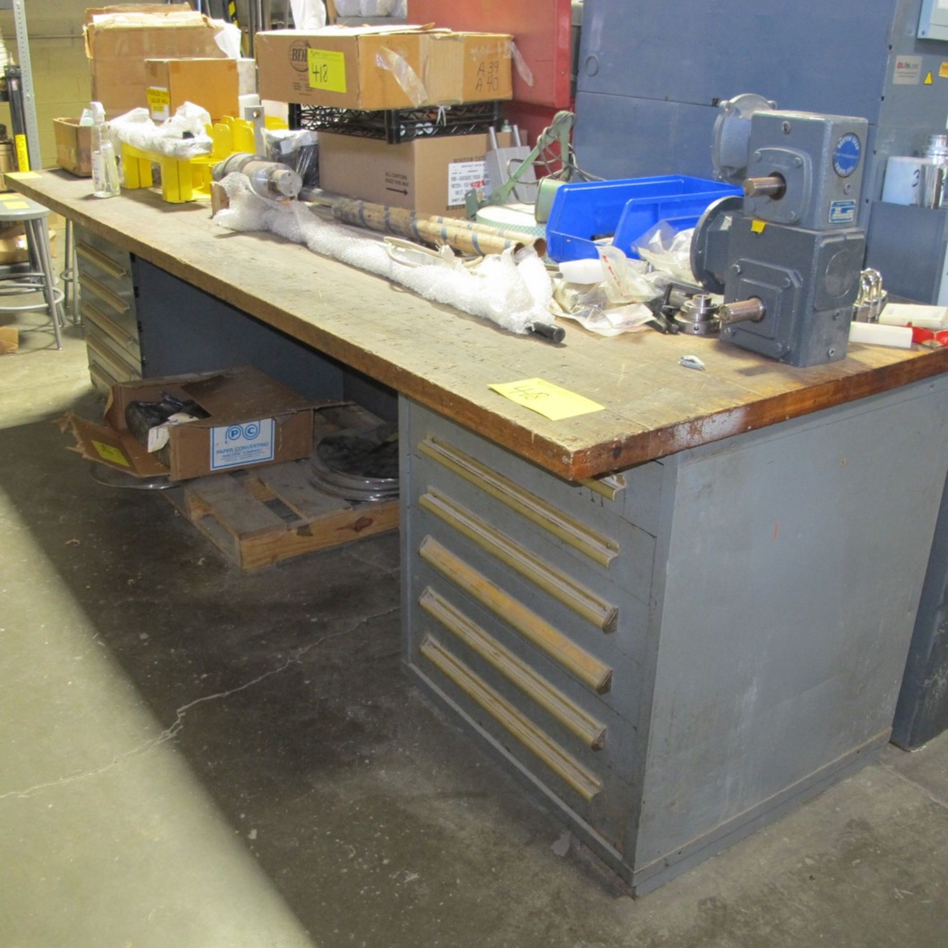 EQUIPTO WORKBENCH APPROX. 3'D X 10'L W/ WOOD BLOCK TOP, (2) 6-DRAWER CABINETS AND ALL CONTENTS IN