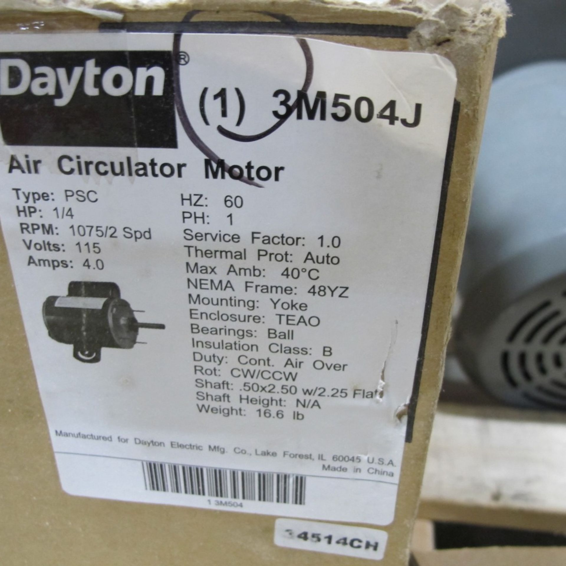 DAYTON AIR CIRCULATOR MOTOR, 1/4HP, 115V, 1,075/2 RPM, 48YZ FRAME (NORTHWEST PLANT) - Image 2 of 3