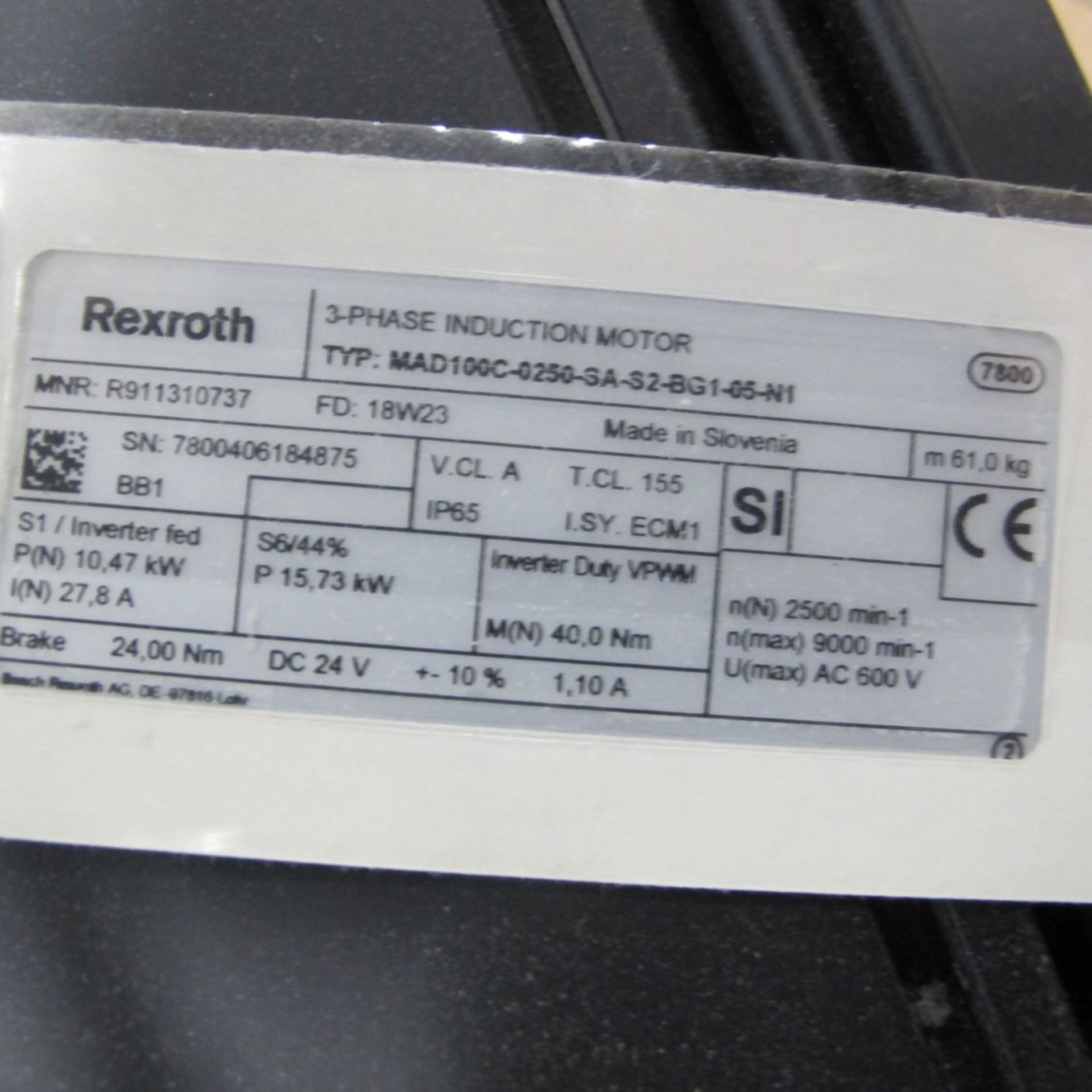 REXROTH SERVO DRIVE 3 PHASE INDUCTION MOTOR, MAD100C-0250-SA-S2-BG1-05-N1, AC600V, 15,73KW, 2,500/ - Image 3 of 3