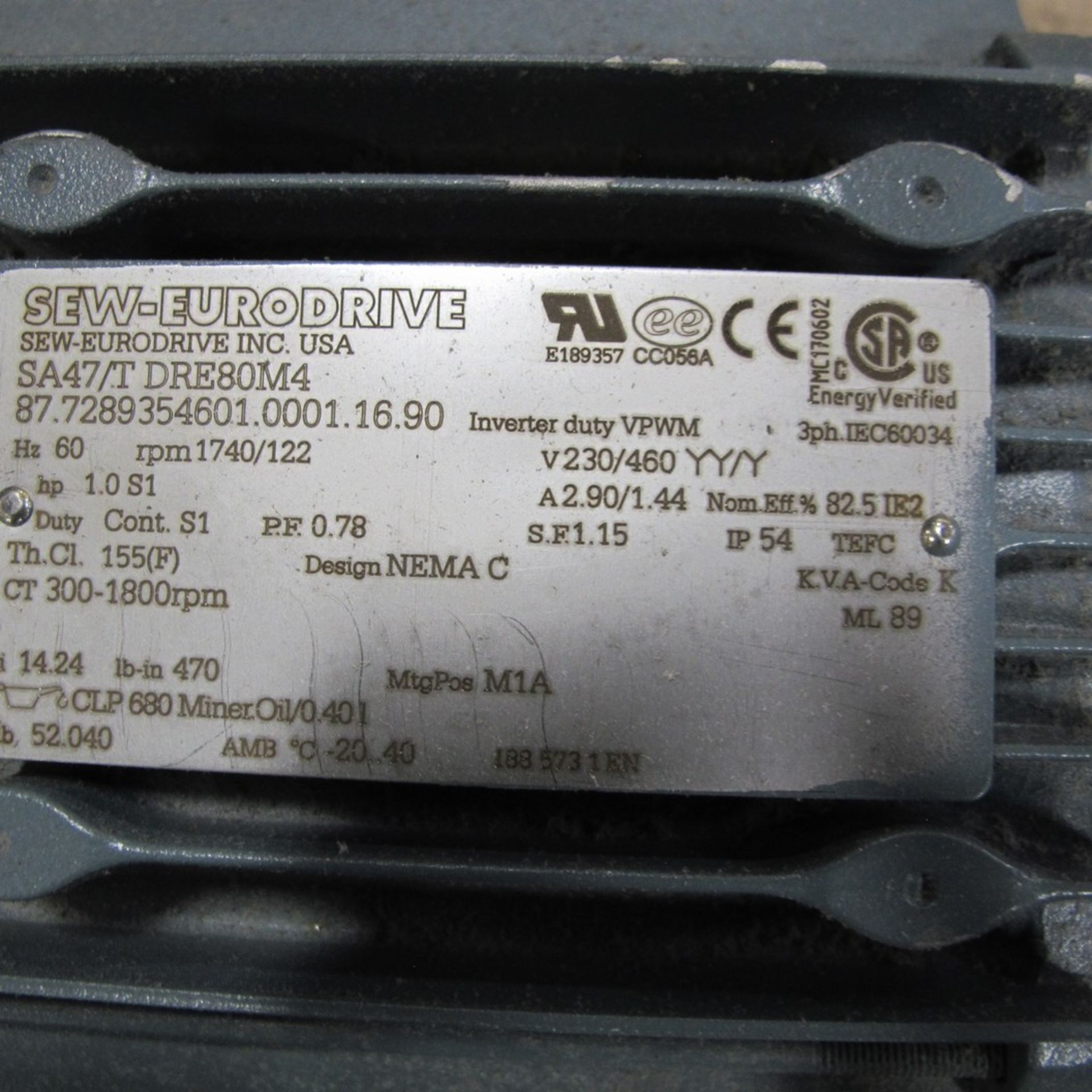 SEW-EURODRIVE SERVO MOTOR, SA47/TDRE80M4, 87.7289354601.0001.16.90, 1.0 S1 HP, 230/460V, 300 - 1,800 - Image 2 of 3