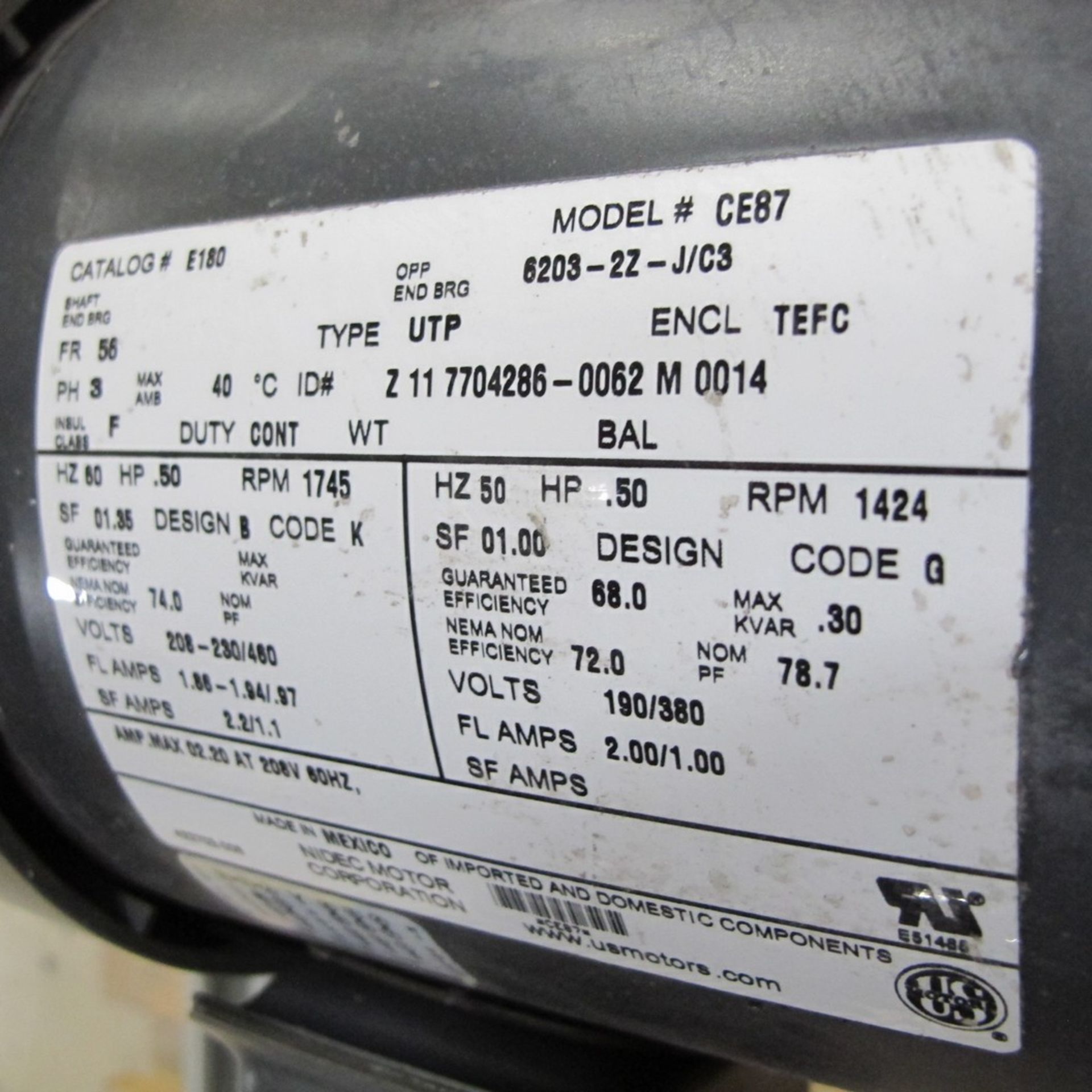 US MOTORS SERVO MOTOR CE876205-22-J/CS, .50HP, 208-230/460, 190/380, 1,745/1,424 RPM W/ BROWNING - Image 2 of 3