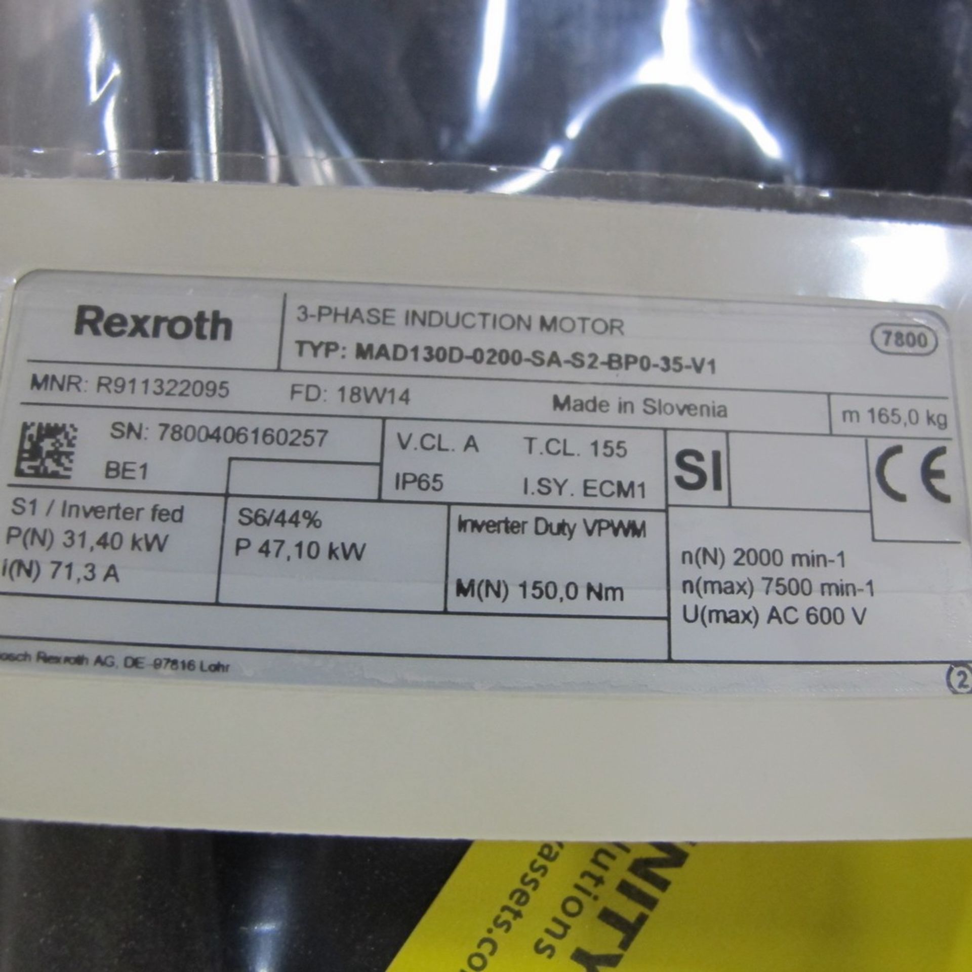 BOSCH REXROTH INDRADYN MOTOR, 3 PHASE INDUCTION MOTOR, TYPE MAD130D-150-0200-SA-S2-BP0-35-V1, AC600V - Image 3 of 3