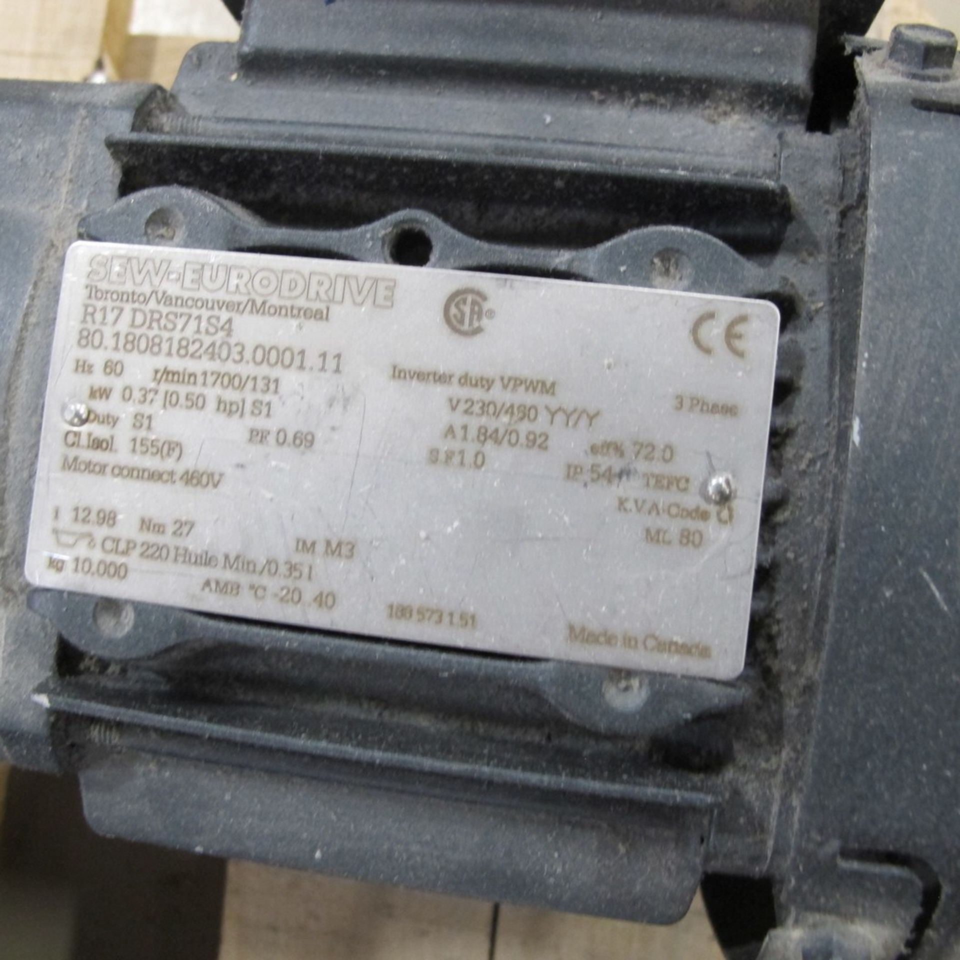 SEW-EURODRIVE SERVO MOTOR, R17DR571S4, 80.1808182403.0001.11, 0.50 S1 HP, 230/460V, 1,700/131 RPM W/ - Image 2 of 2