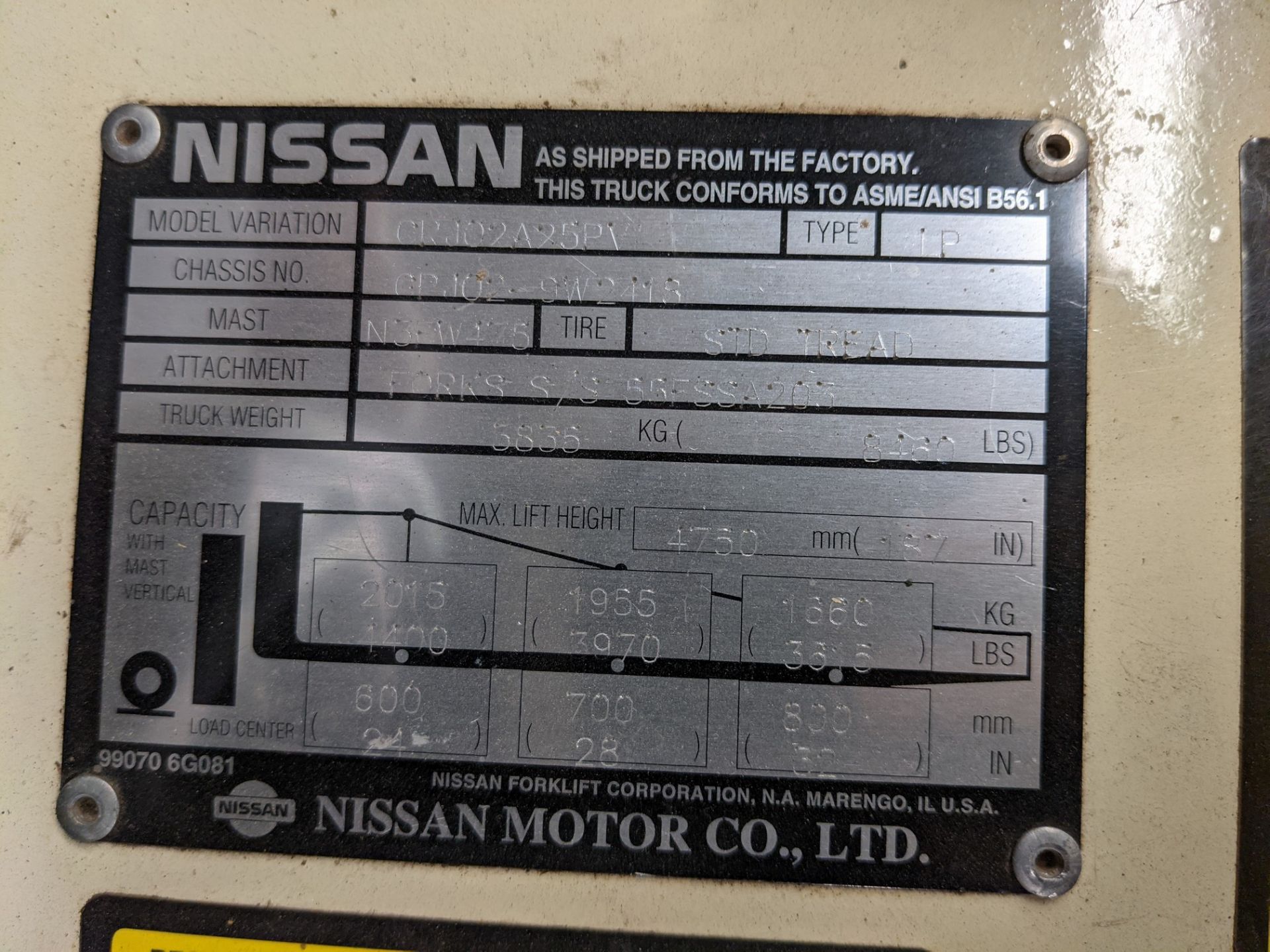 NISSAN OPTIMUM JC 50 PROPANE FORKLIFT, MODEL CPJ02A25PV, 4,750LB CAP., 3-STAGE MAST, 187” MAX - Image 9 of 9