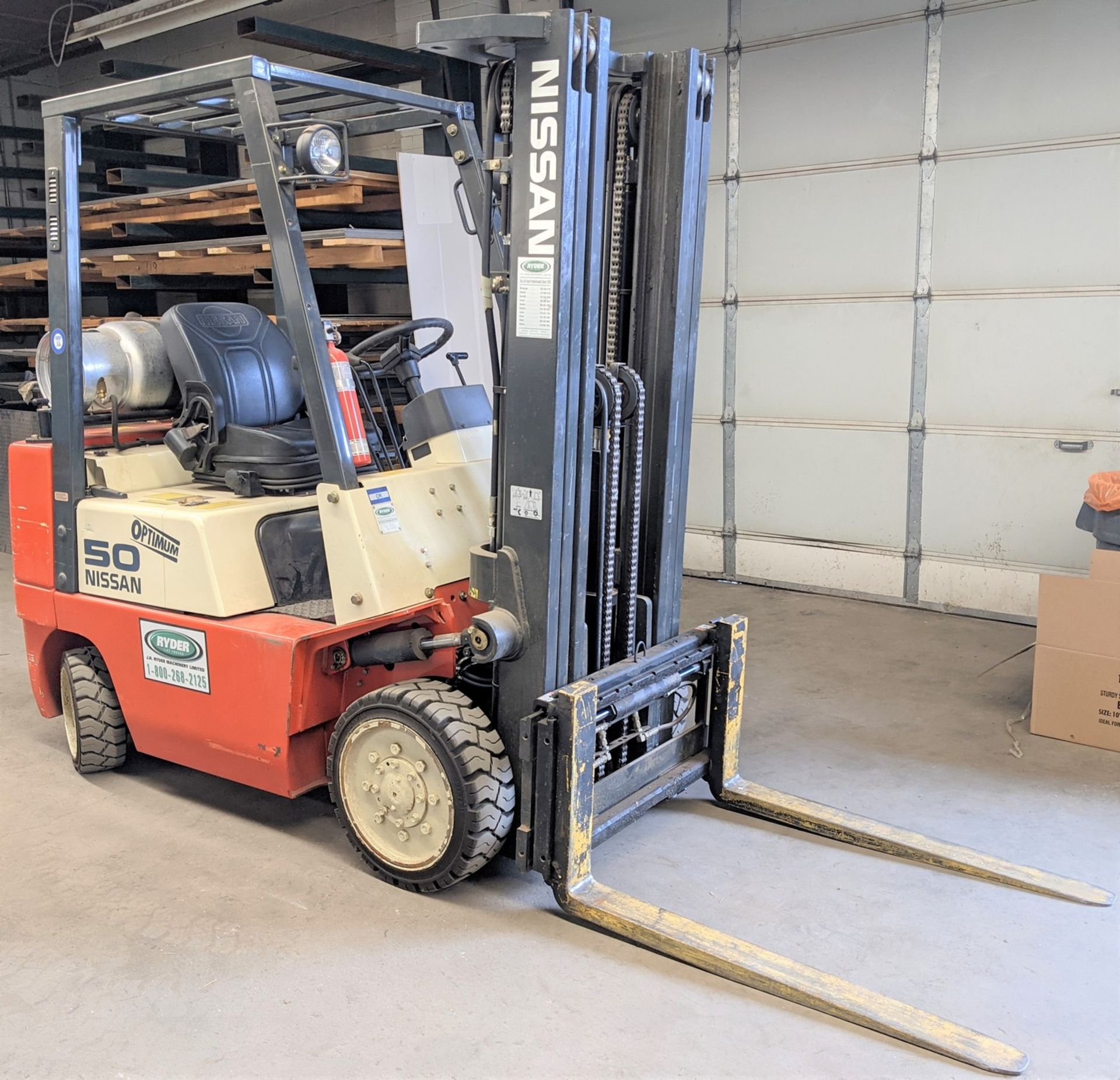 NISSAN OPTIMUM JC 50 PROPANE FORKLIFT, MODEL CPJ02A25PV, 4,750LB CAP., 3-STAGE MAST, 187” MAX