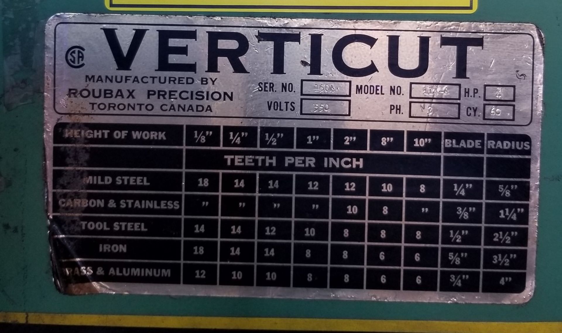 VERTICUT 114-A ROLL-IN BANDSAW, S/N 1504 - Image 7 of 8