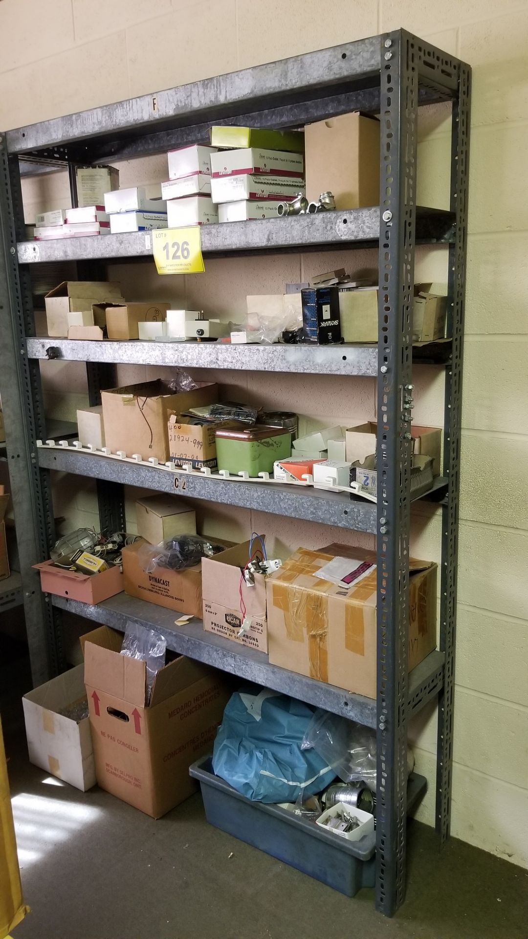 METAL SHELVING UNIT W/CONTENTS INCL. WALL PLATES, OUTLETS, SCREWS, PLUGS, BULBS, ETC.