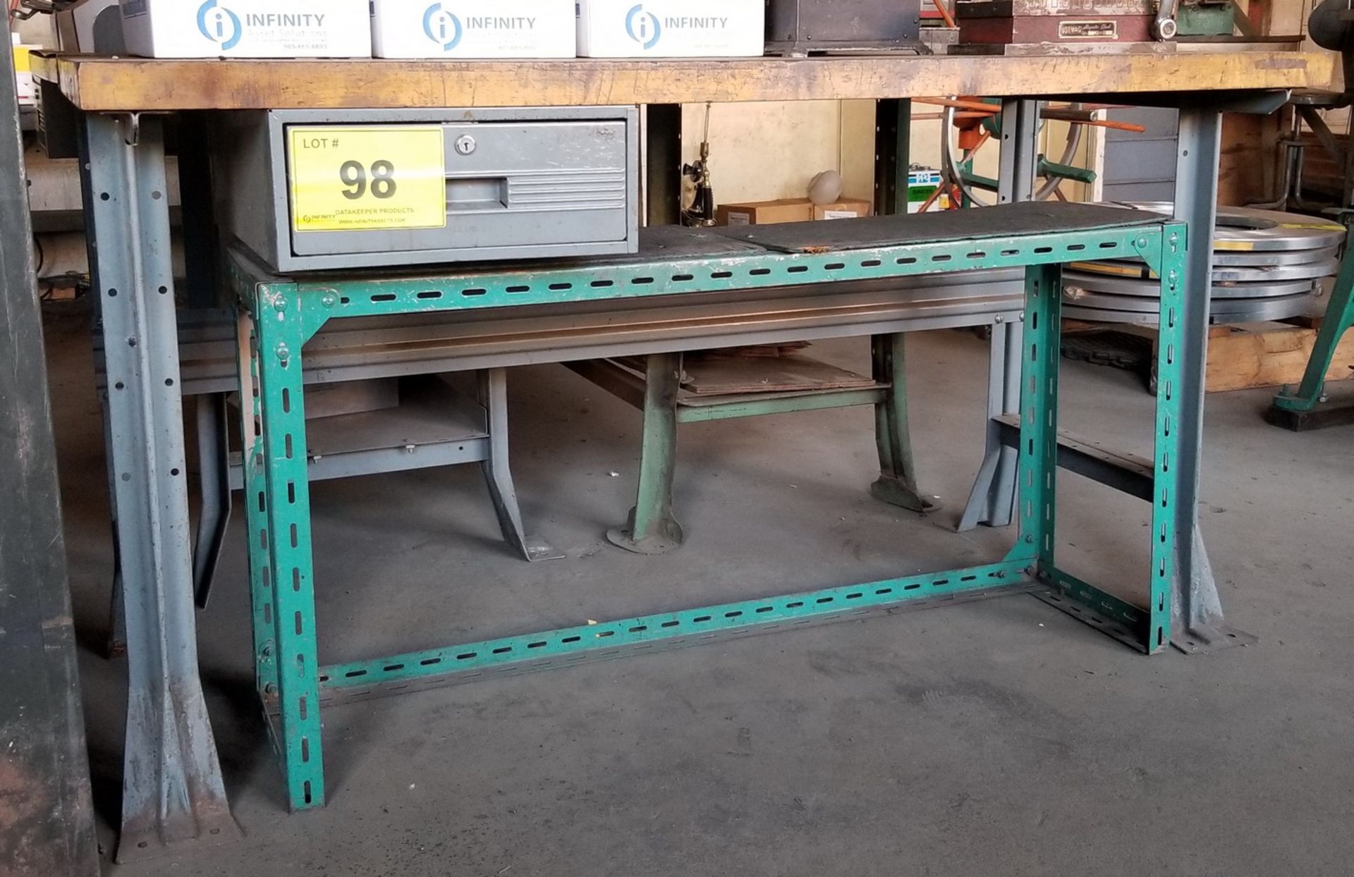 WOOD TOP SHOP TABLE - 60"L X 30"W X 33"H (NO CONTENTS)